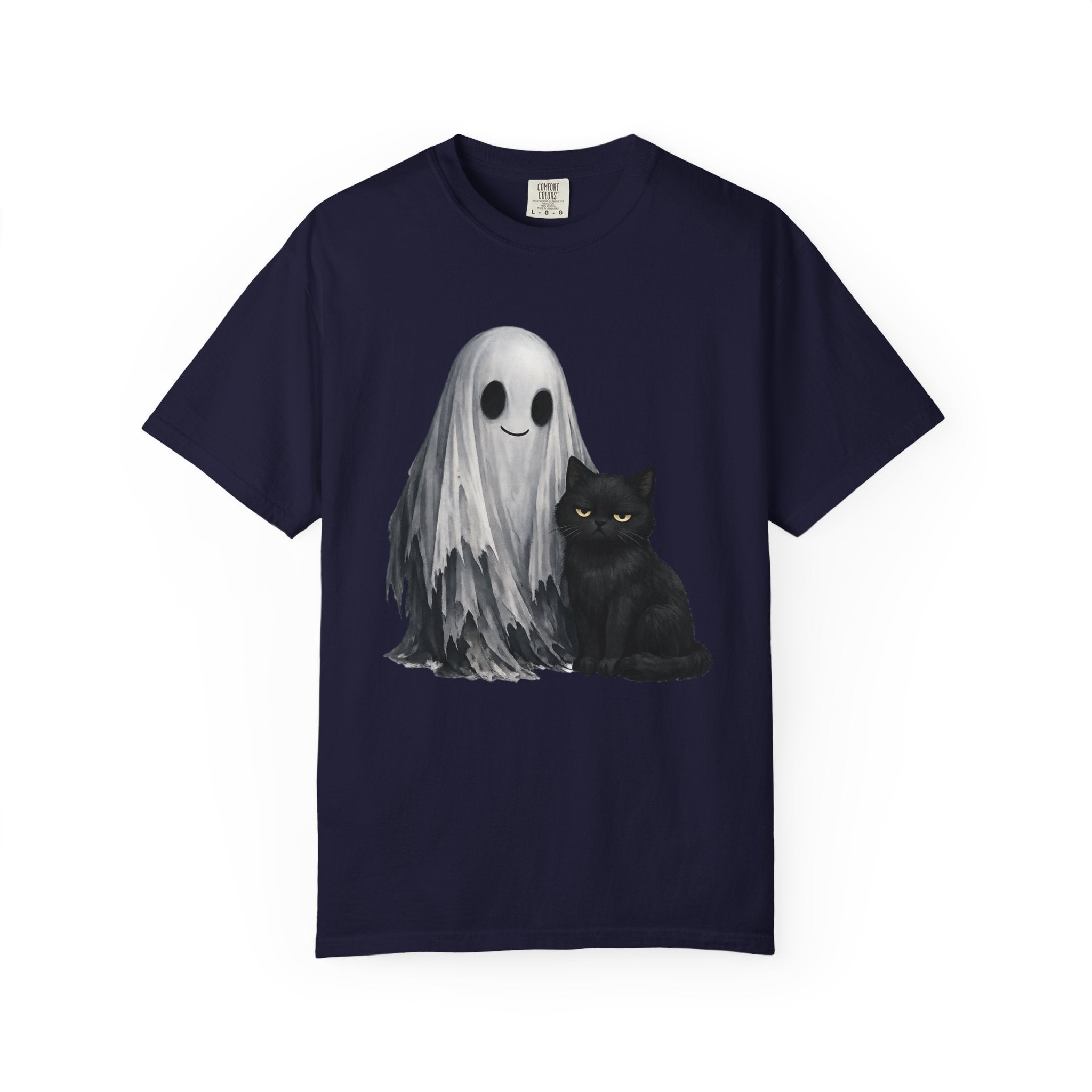 Ghost and Black Cat T-Shirt Cute Halloween Spirit Tee meh cat and smiling ghost shirt