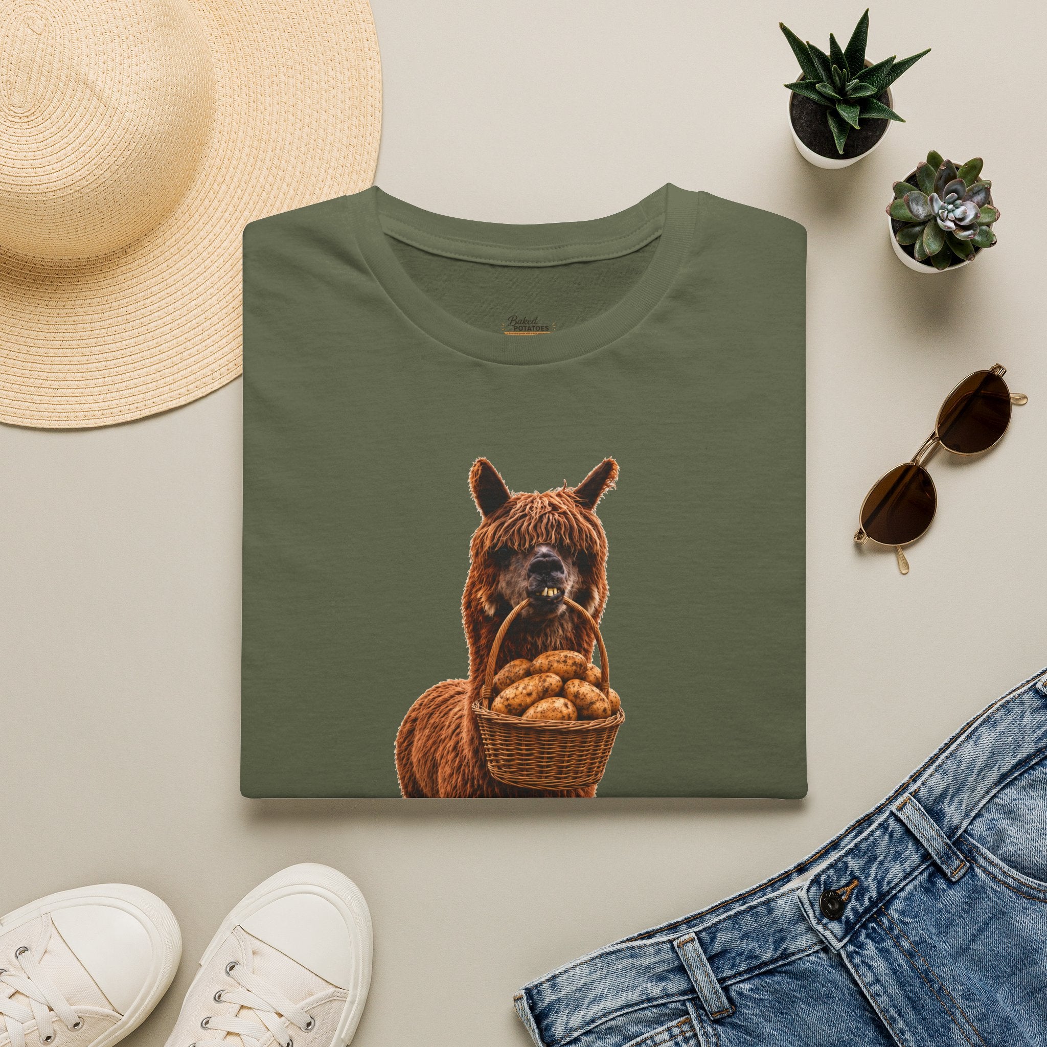 Alpaca Holding Potatoes T‑Shirt — "Not Touchy My Spuds" Cute Farm Animal Tee