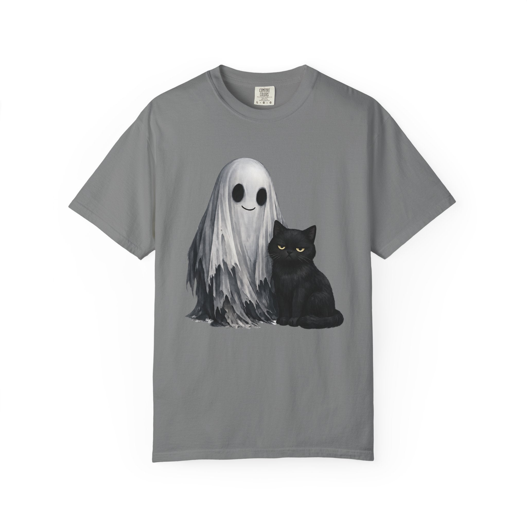 Ghost and Black Cat T-Shirt Cute Halloween Spirit Tee meh cat and smiling ghost shirt