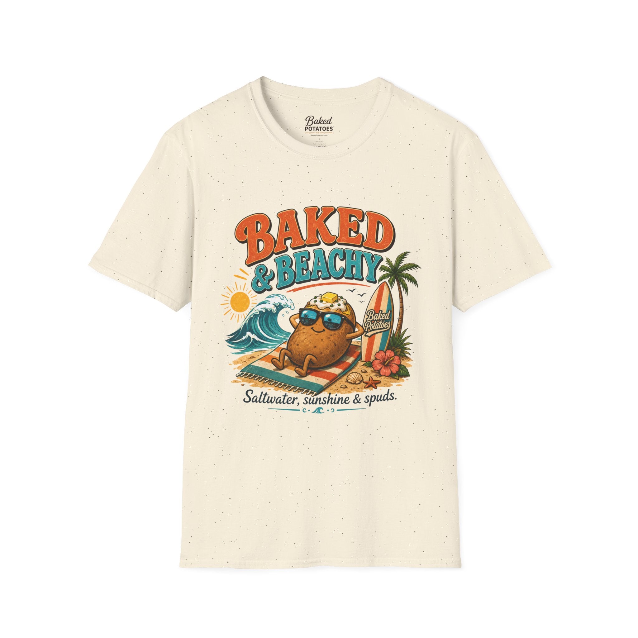 Beach T-Shirt "Baked and Beachy" | Beach Potato Graphic, Palm Tree, Sun, Relaxed