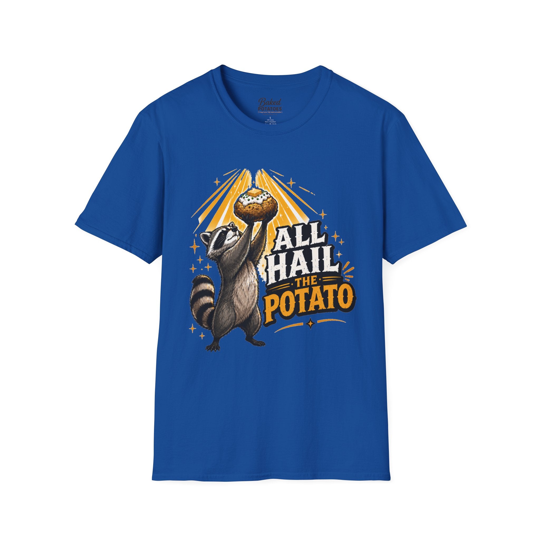 All Hail the Potato T-Shirt | Raccoon Holding Baked Potato Design