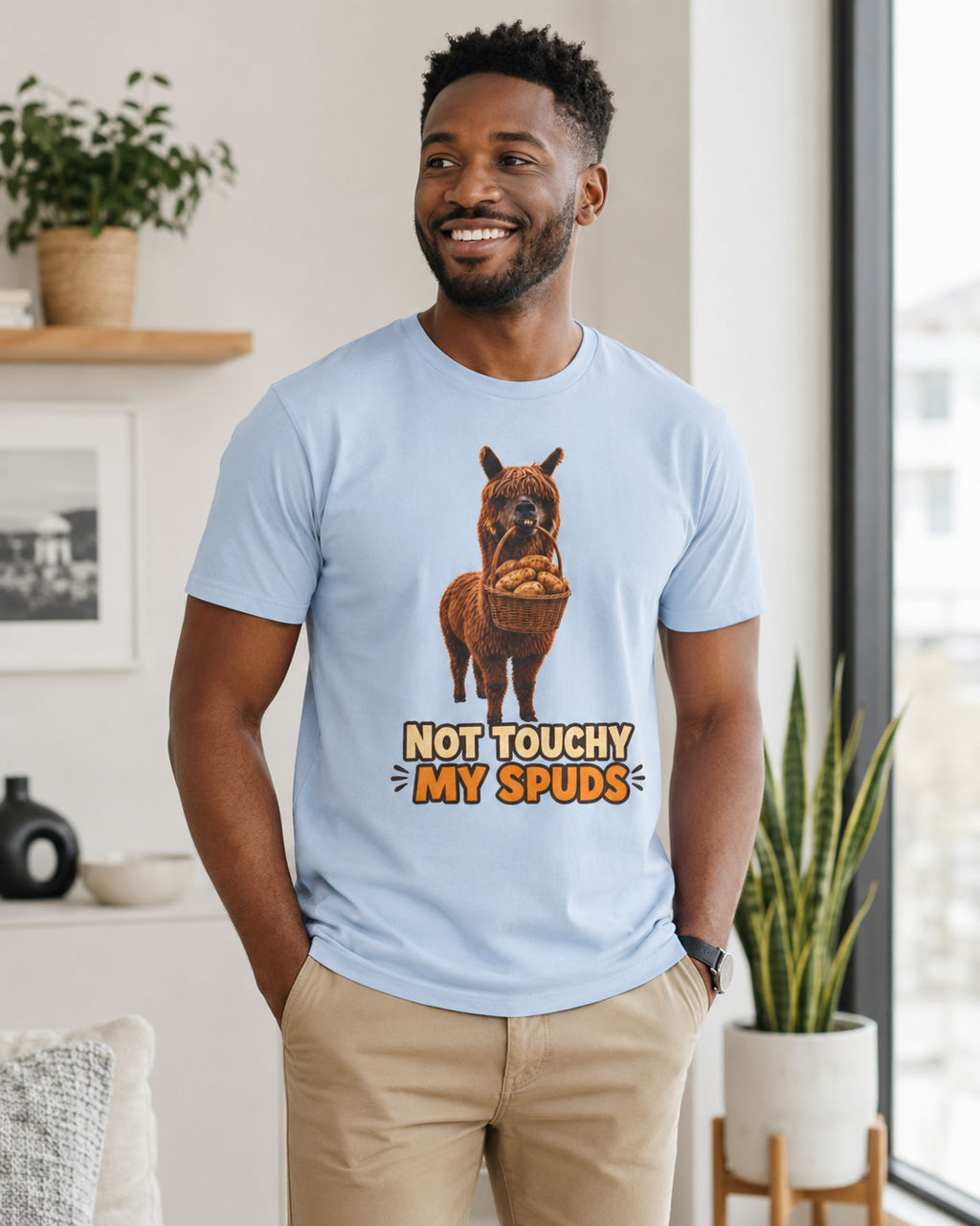 Alpaca Holding Potatoes T‑Shirt — "Not Touchy My Spuds" Cute Farm Animal Tee
