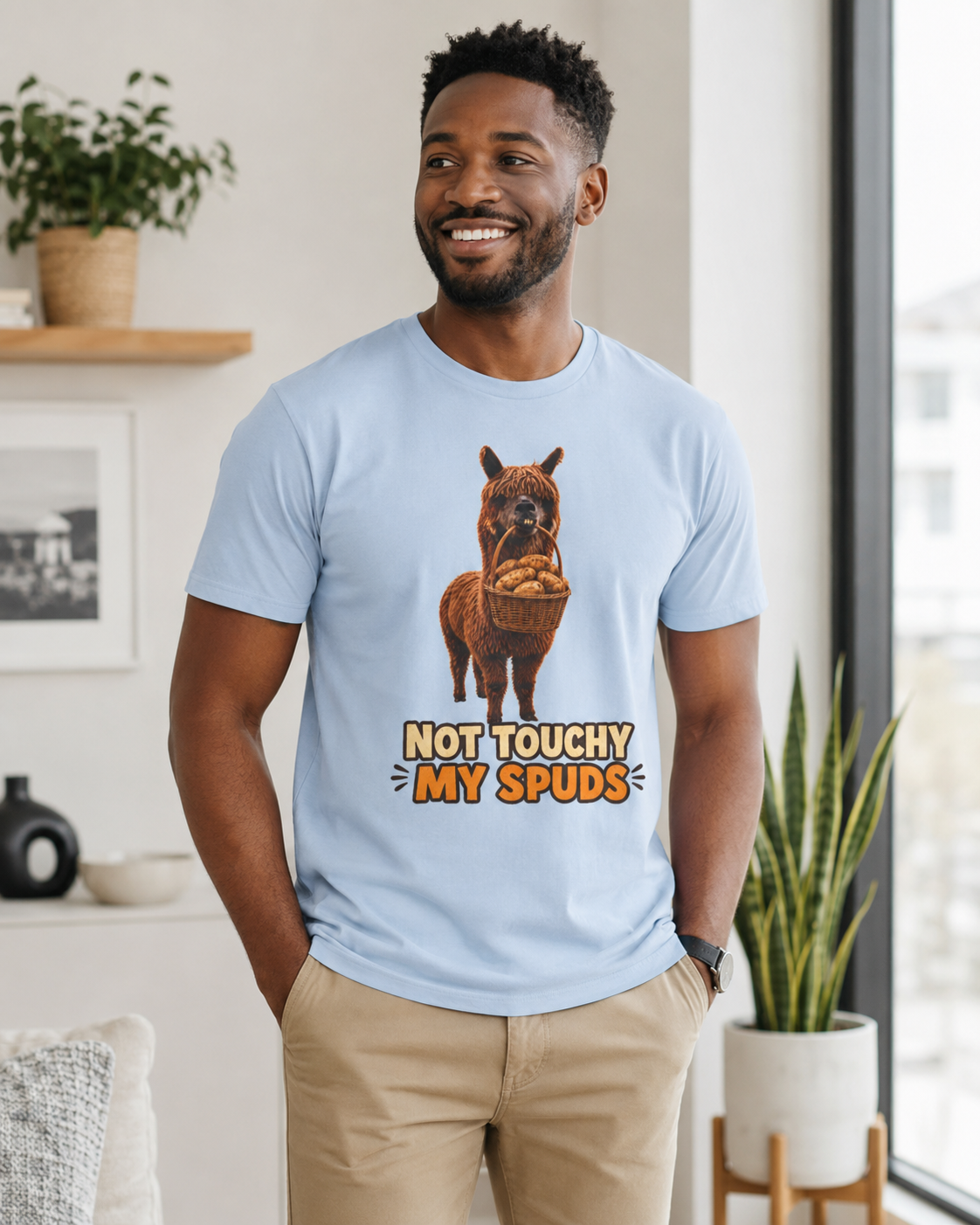 Alpaca Holding Potatoes T‑Shirt — "Not Touchy My Spuds" Cute Farm Animal Tee