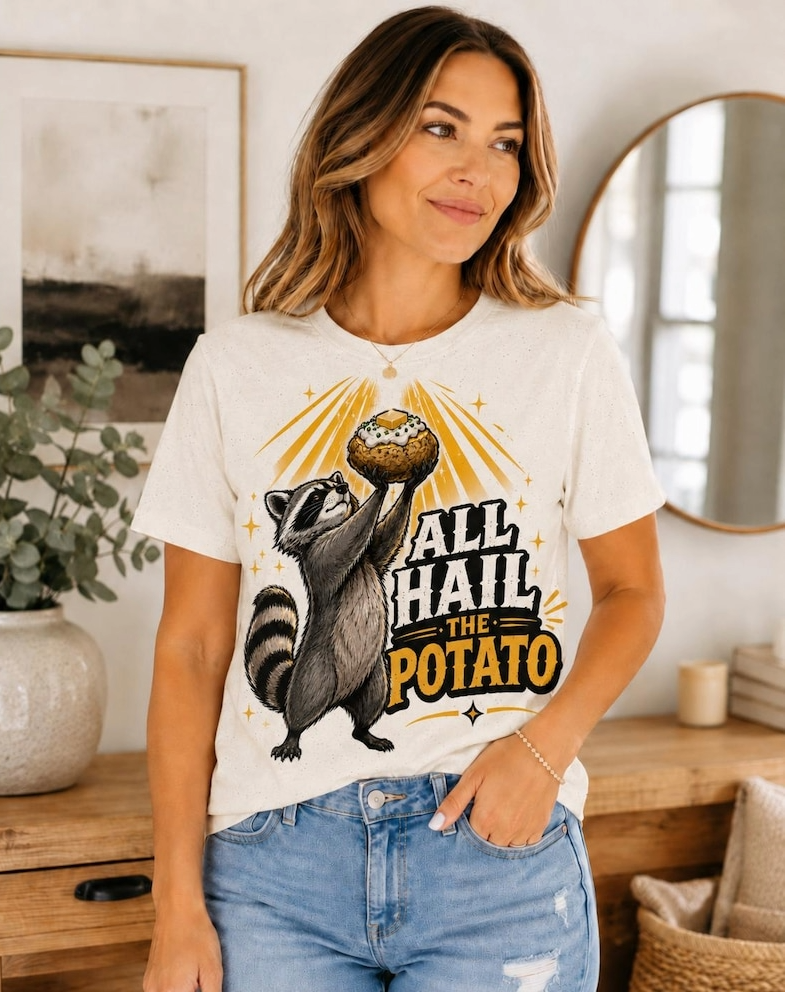 All Hail the Potato T-Shirt | Raccoon Holding Baked Potato Design