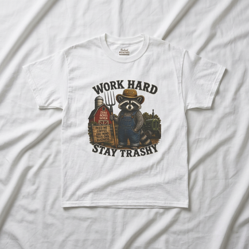 Work Hard Stay Trashy Raccoon Shirt, Funny Farm Raccoon Tee, Country Humor Graphic T-Shirt, Trash Panda Gift