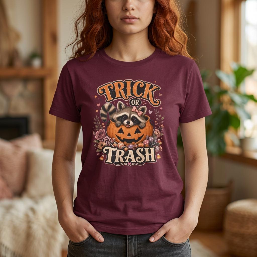 Trick or Trash Halloween T-Shirt — Pumpkin, Raccoon & Jack-o'-Lantern Candy Graphic