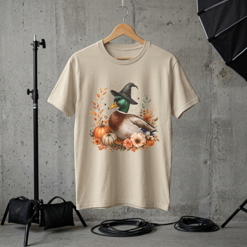 Mallard Duck with Witch Hat T-Shirt Autumn Pumpkins & Flowers Halloween