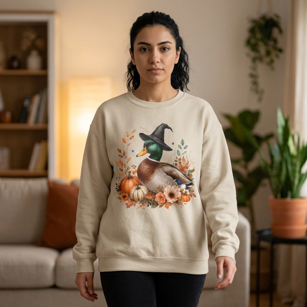 Mallard Duck with Witch Hat sweater Autumn Pumpkins & Flowers Halloween hoodie spookky orange vintage cottage core simple sweatshirt