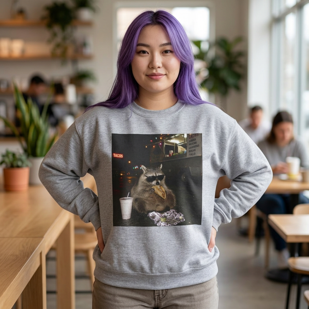 Raccoon eating a taco Sweater, Funny Raccoon Taco sweatshirt, Trash Panda Graphic hoodie, Mexican Food Lover Gift, Cinco de Mayo