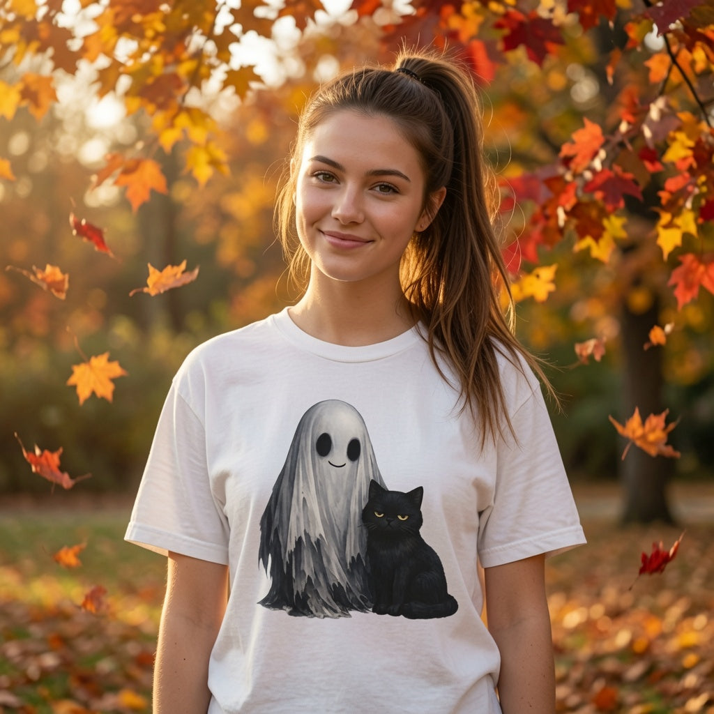 Ghost and Black Cat T-Shirt Cute Halloween Spirit Tee meh cat and smiling ghost shirt