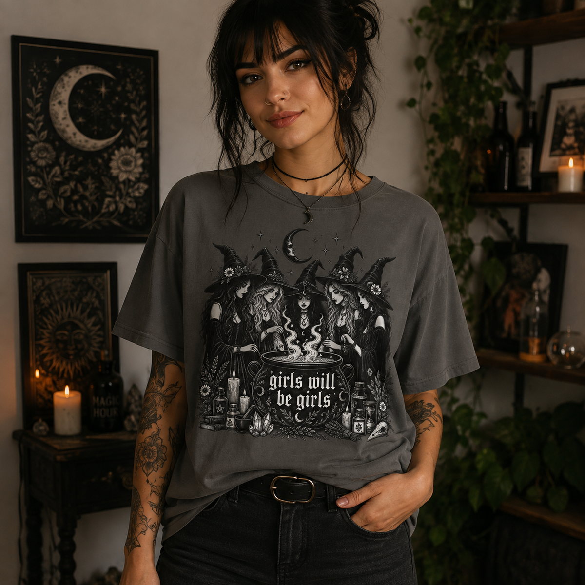 Comfort Colors Girls Will Be Girls Witch Tshirt, Vintage Halloween Women Shirt, Feminist Witch Shirt,Feminist Shirt