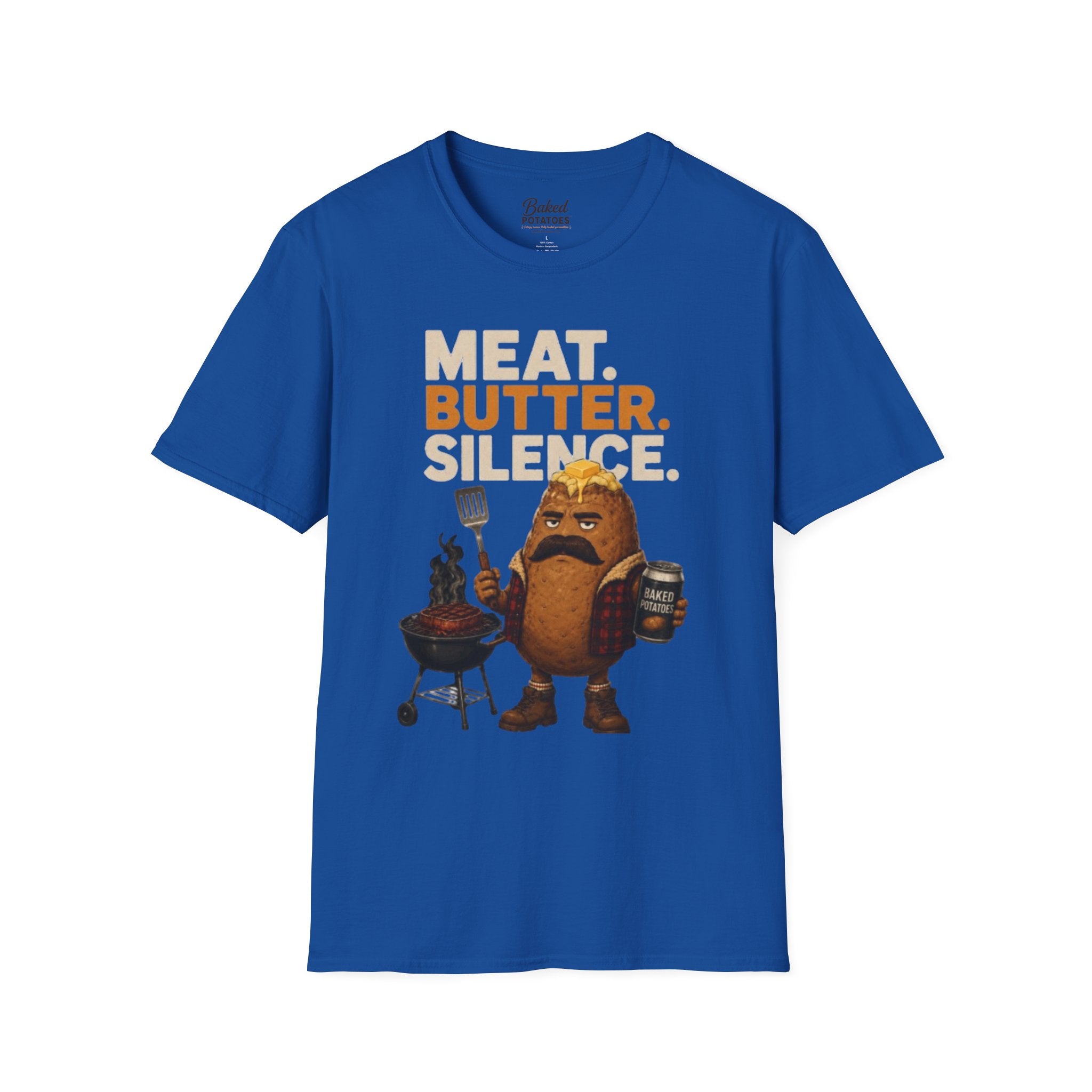 Funny Grilling T-Shirt — "Meat. Butter. Silence." BBQ Potato Graphic Tee Gift for Dad