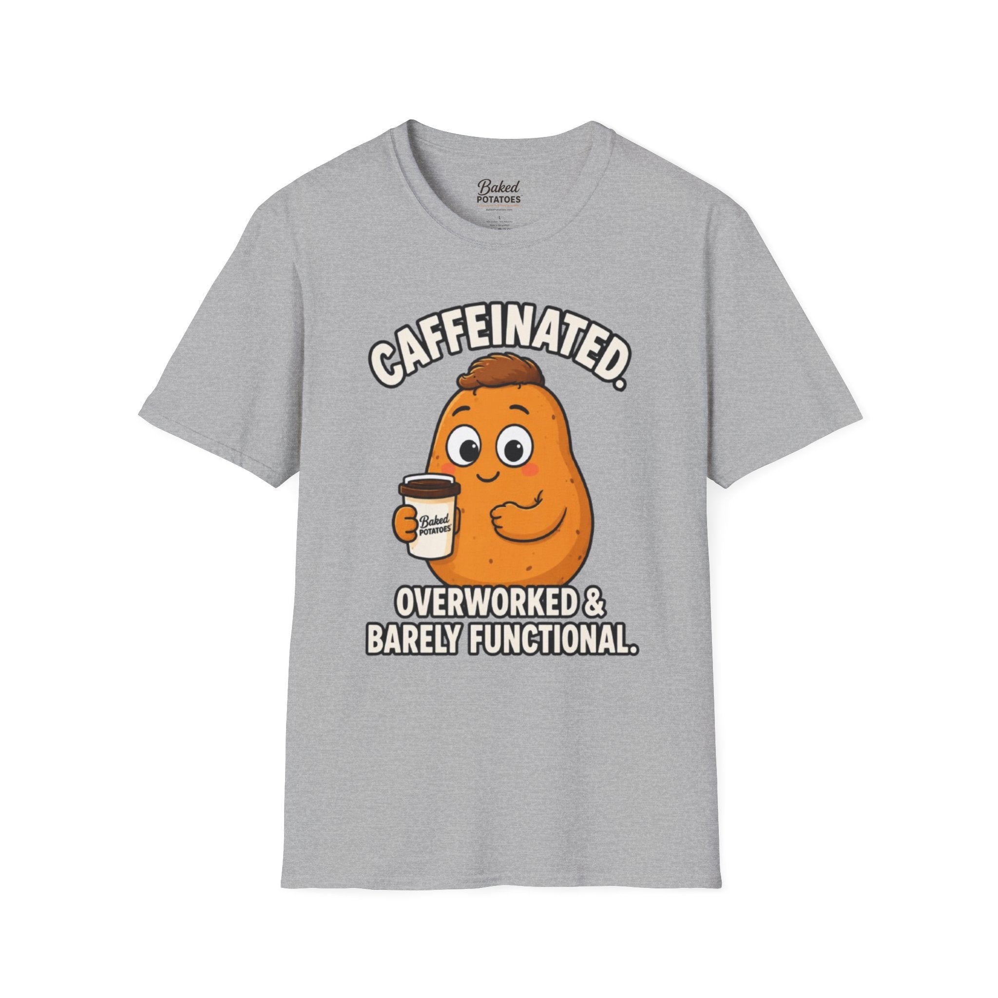 Coffee Potato T‑Shirt — “Overworked & Barely Functional” Coffee Humor Shirt