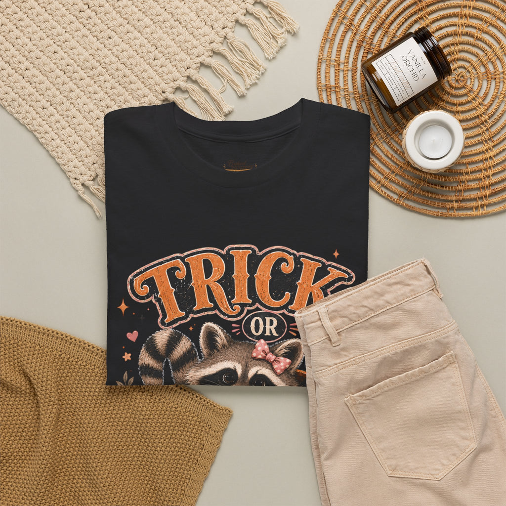 Trick or Trash Halloween T-Shirt — Pumpkin, Raccoon & Jack-o'-Lantern Candy Graphic