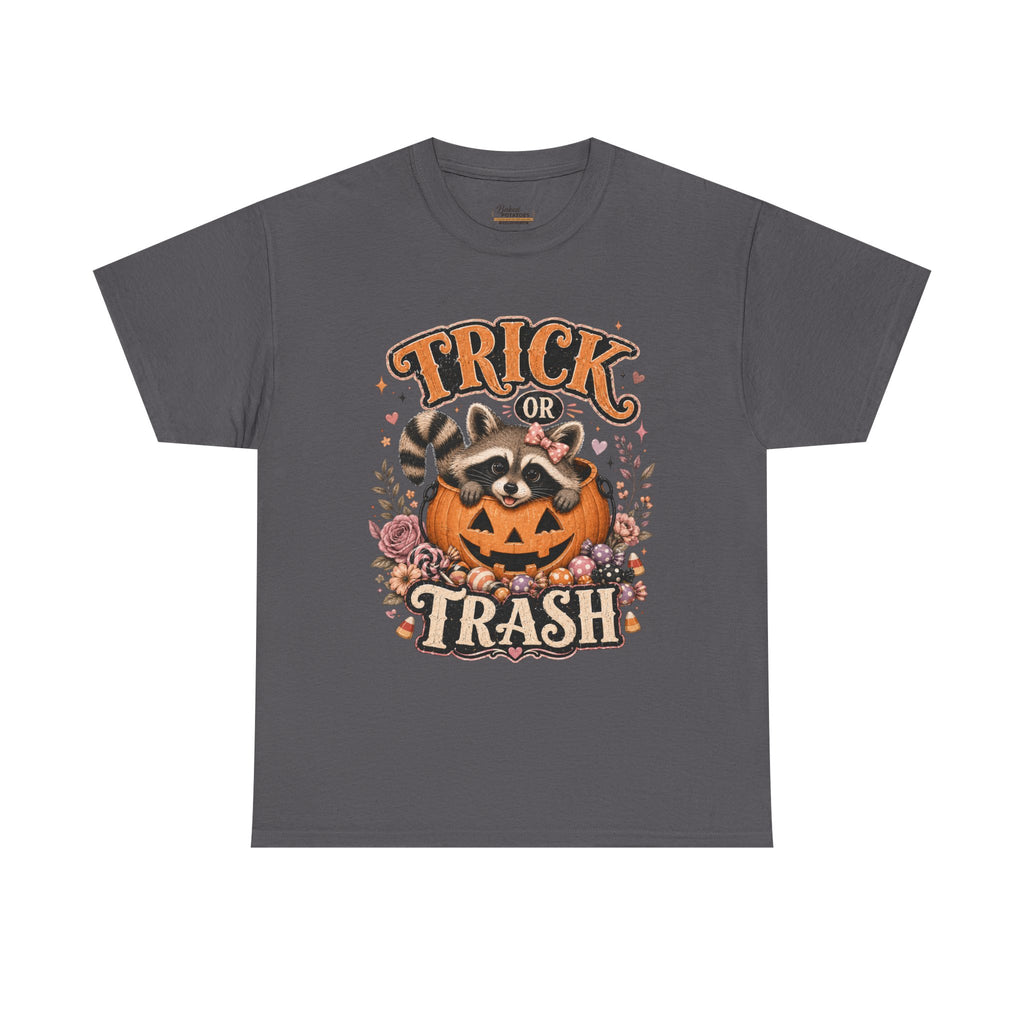 Trick or Trash Halloween T-Shirt — Pumpkin, Raccoon & Jack-o'-Lantern Candy Graphic