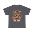 Trick or Trash Halloween T-Shirt — Pumpkin, Raccoon & Jack-o'-Lantern Candy Graphic