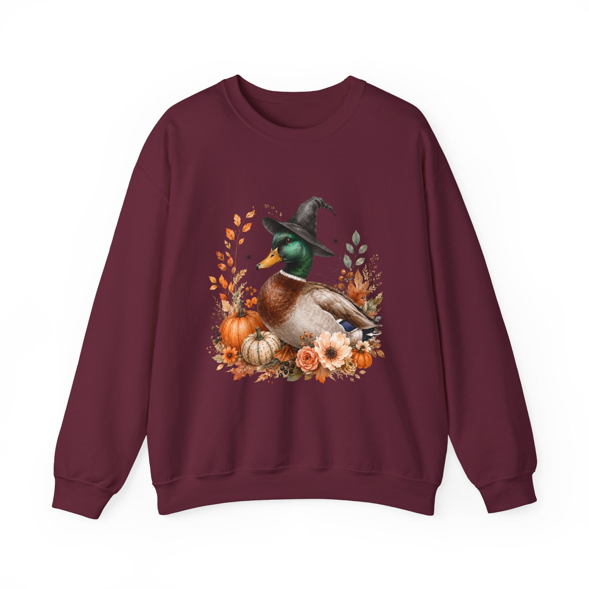 Mallard Duck with Witch Hat sweater Autumn Pumpkins & Flowers Halloween hoodie spookky orange vintage cottage core simple sweatshirt