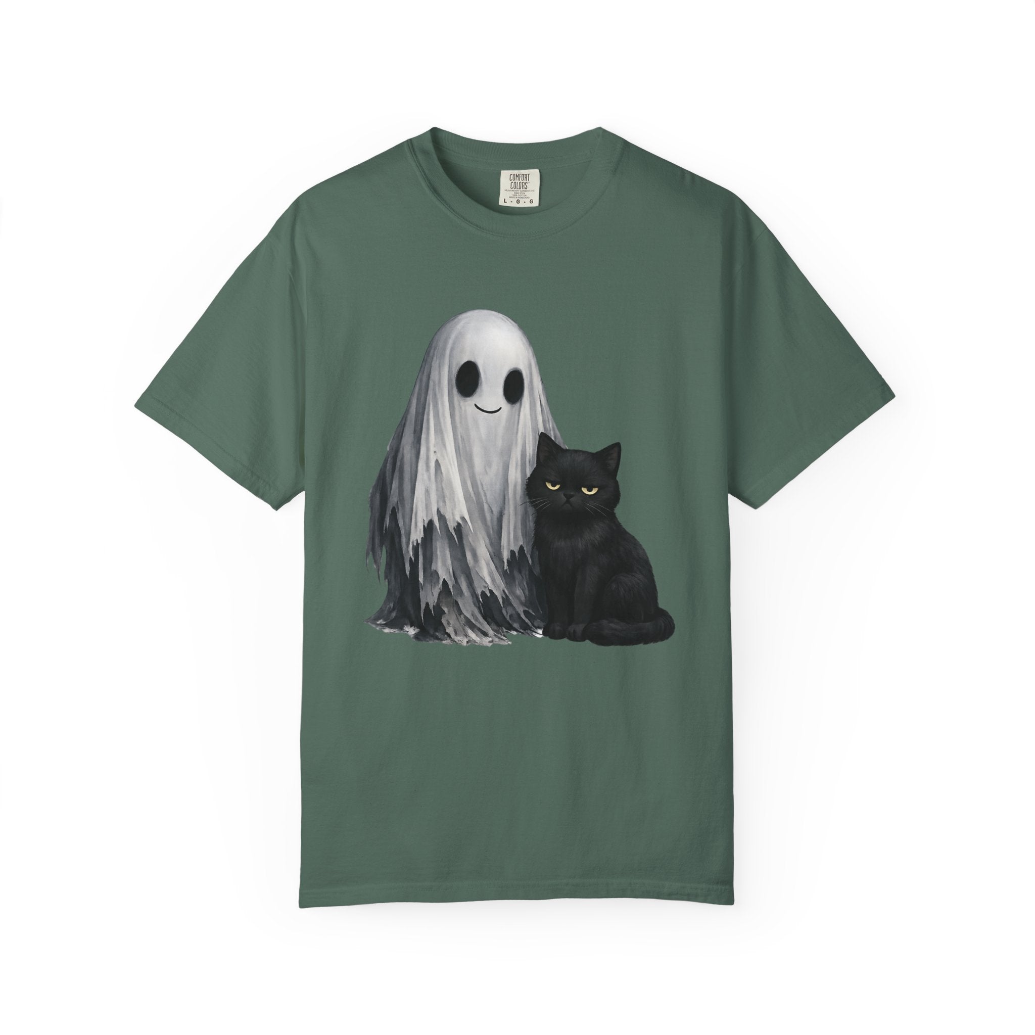 Ghost and Black Cat T-Shirt Cute Halloween Spirit Tee meh cat and smiling ghost shirt