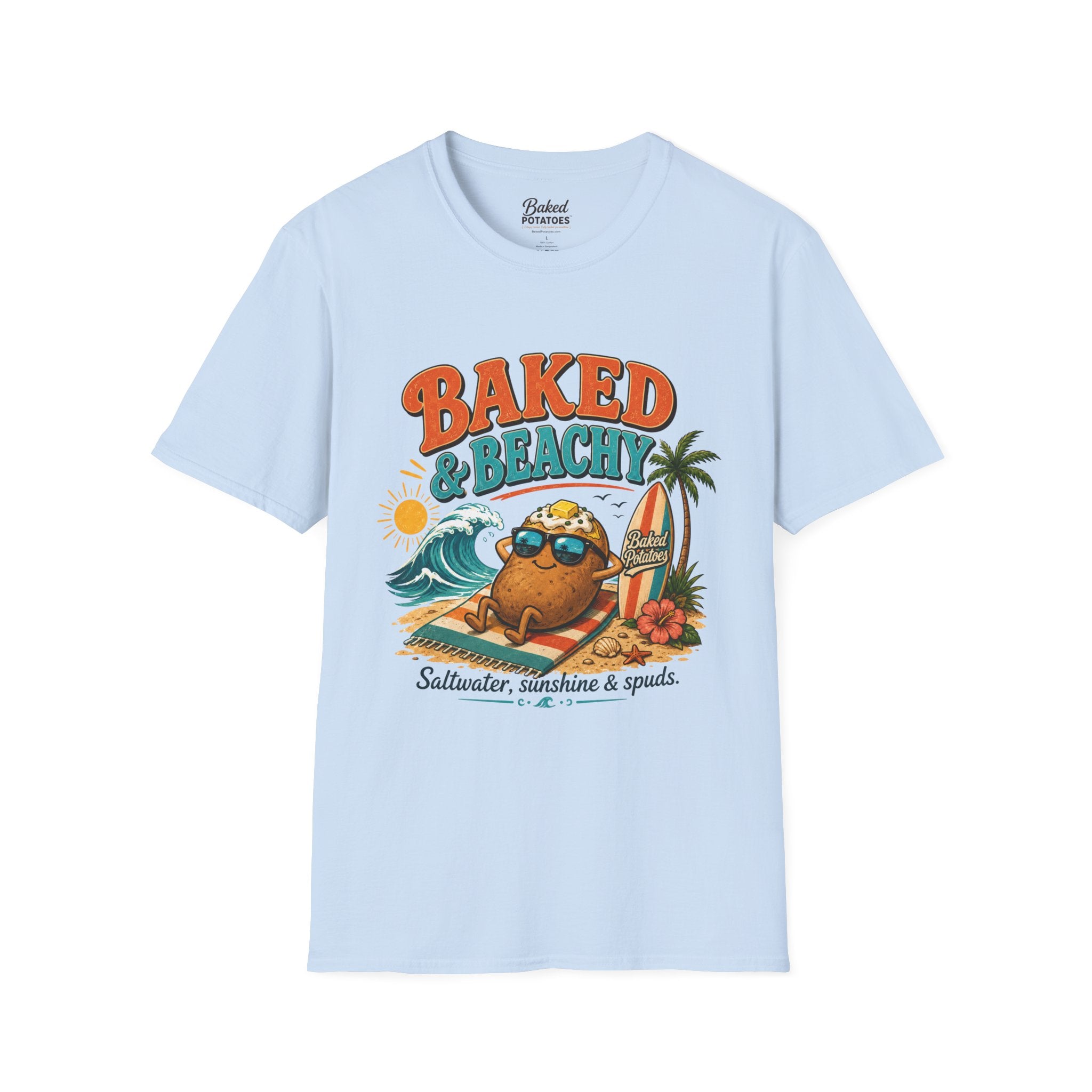 Beach T-Shirt "Baked and Beachy" | Beach Potato Graphic, Palm Tree, Sun, Relaxed