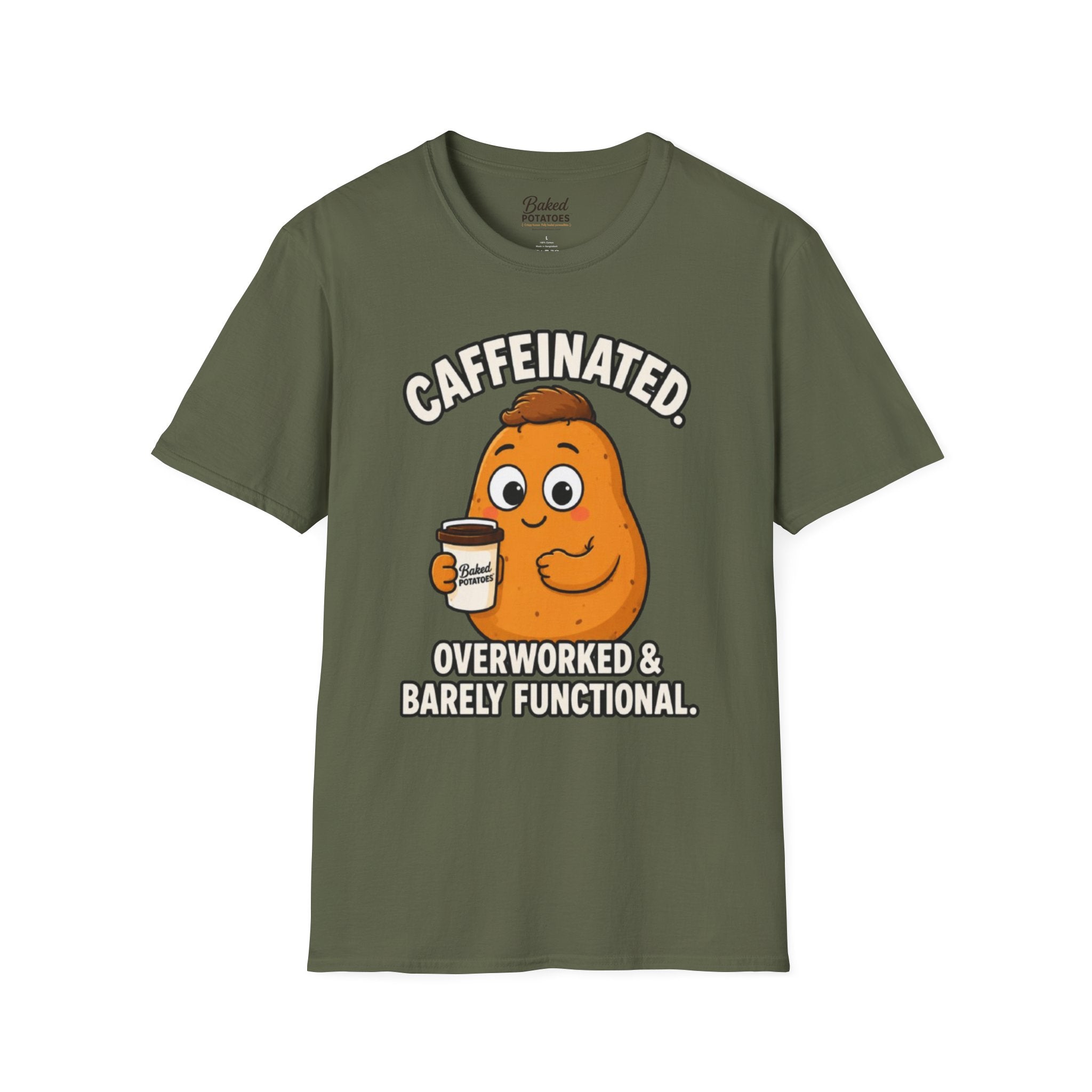 Coffee Potato T‑Shirt — “Overworked & Barely Functional” Coffee Humor Shirt