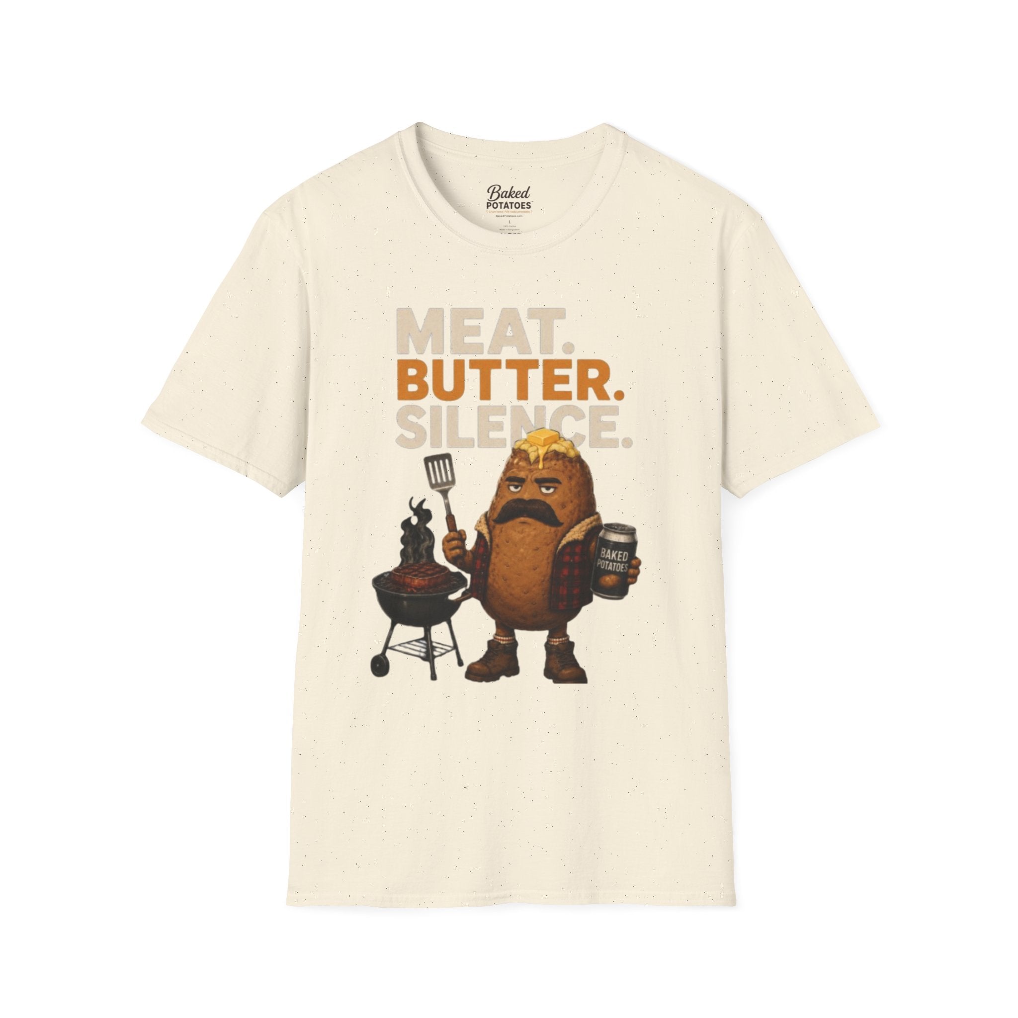 Funny Grilling T-Shirt — "Meat. Butter. Silence." BBQ Potato Graphic Tee Gift for Dad