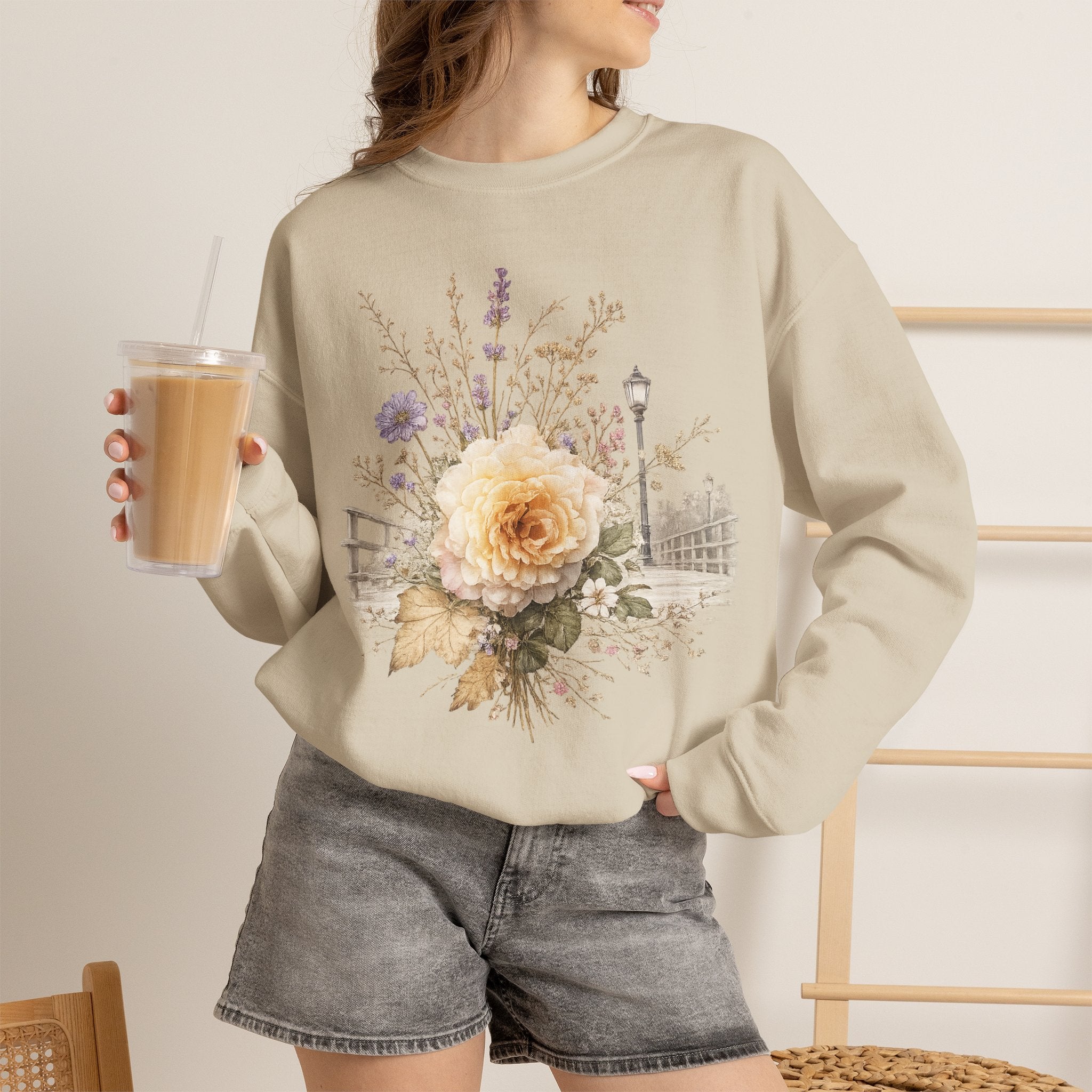 Cream Rose Cottagecore sweatshirt Botanical Floral sweater  Soft Vintage Garden hoodie