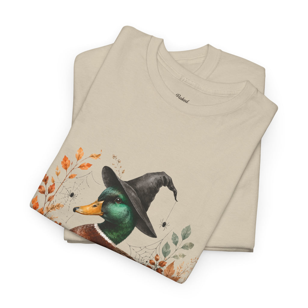 Mallard Duck with Witch Hat T-Shirt Autumn Pumpkins & Flowers Halloween
