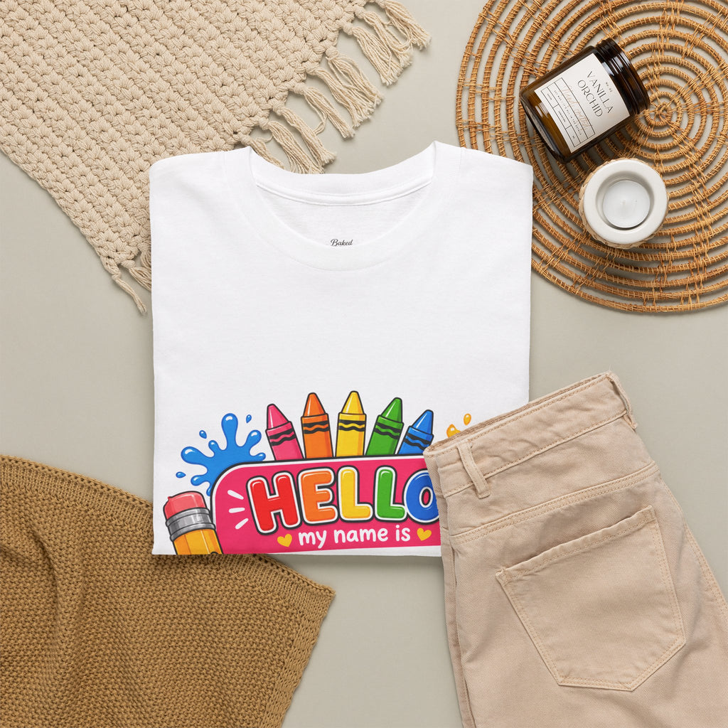Personalized Teacher Back to School Shirt, Hello My Name Is Tee, Custom Teacher Name Tag Shirt, Bright School Supplies Tee Gift for Teachers