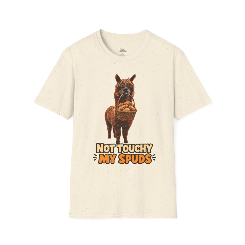 Alpaca Holding Potatoes T‑Shirt — "Not Touchy My Spuds" Cute Farm Animal Tee