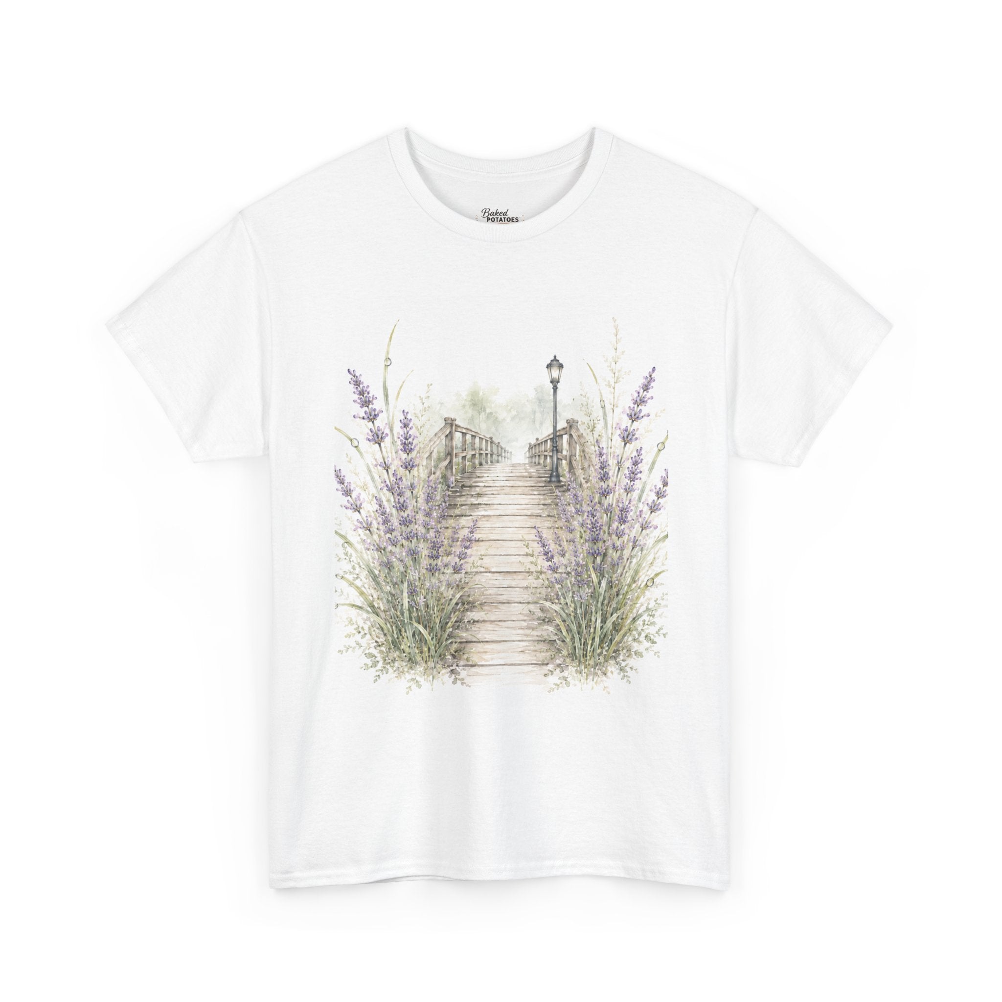 Lavender Walkway Shirt, Cottagecore Floral Tee, Watercolor Bridge T-Shirt, Romantic Garden Nature Shirt