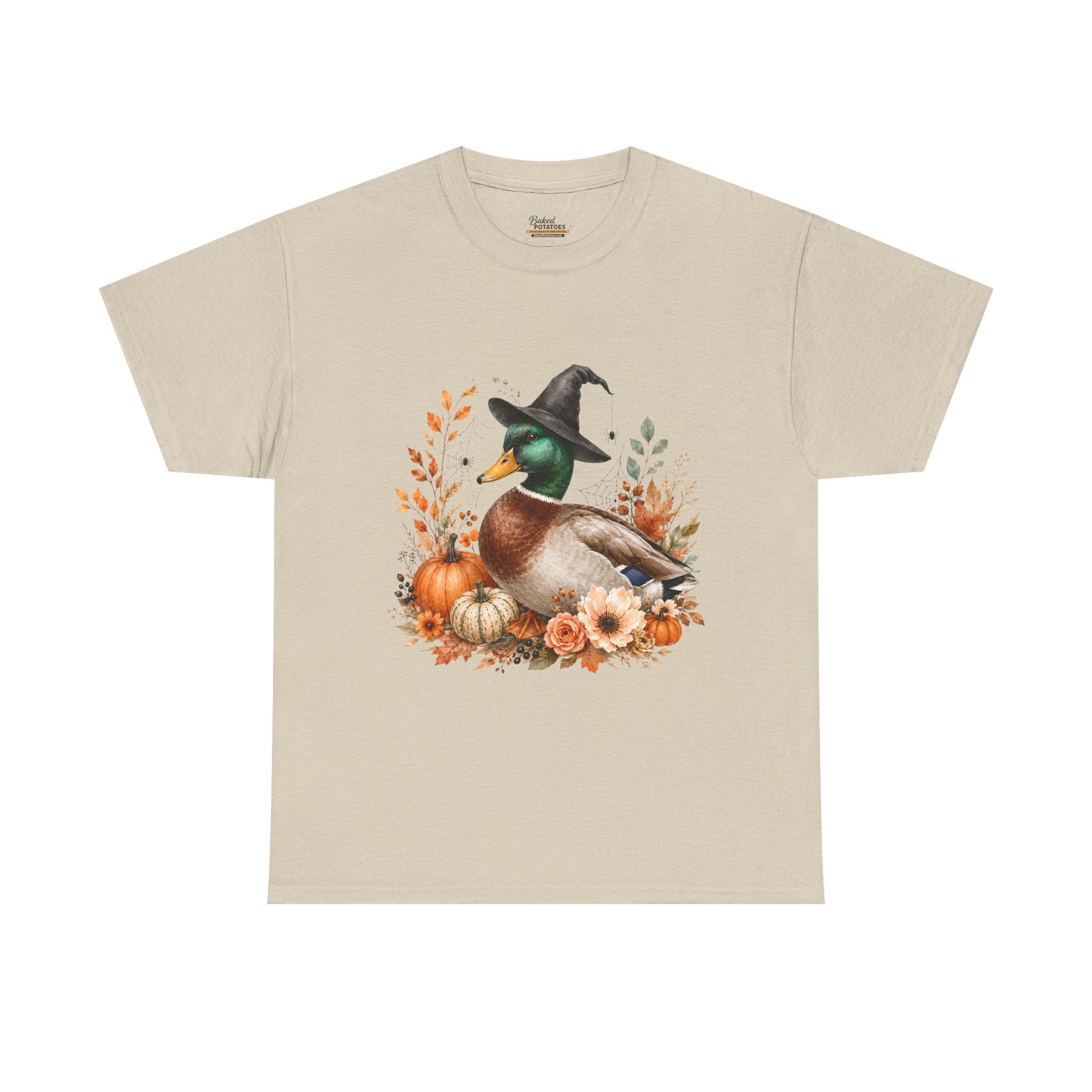 Mallard Duck with Witch Hat T-Shirt Autumn Pumpkins & Flowers Halloween