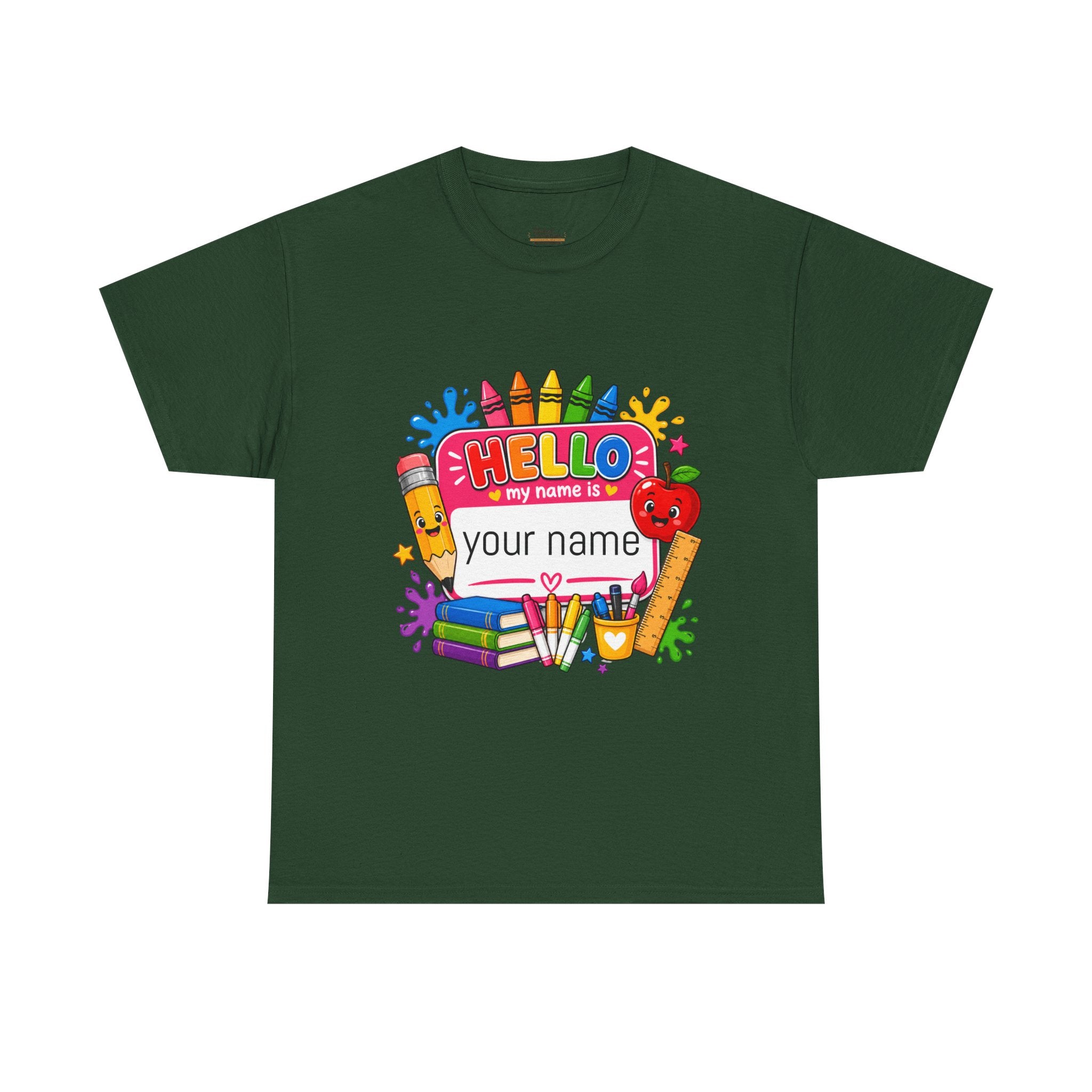 Personalized Teacher Back to School Shirt, Hello My Name Is Tee, Custom Teacher Name Tag Shirt, Bright School Supplies Tee Gift for Teachers
