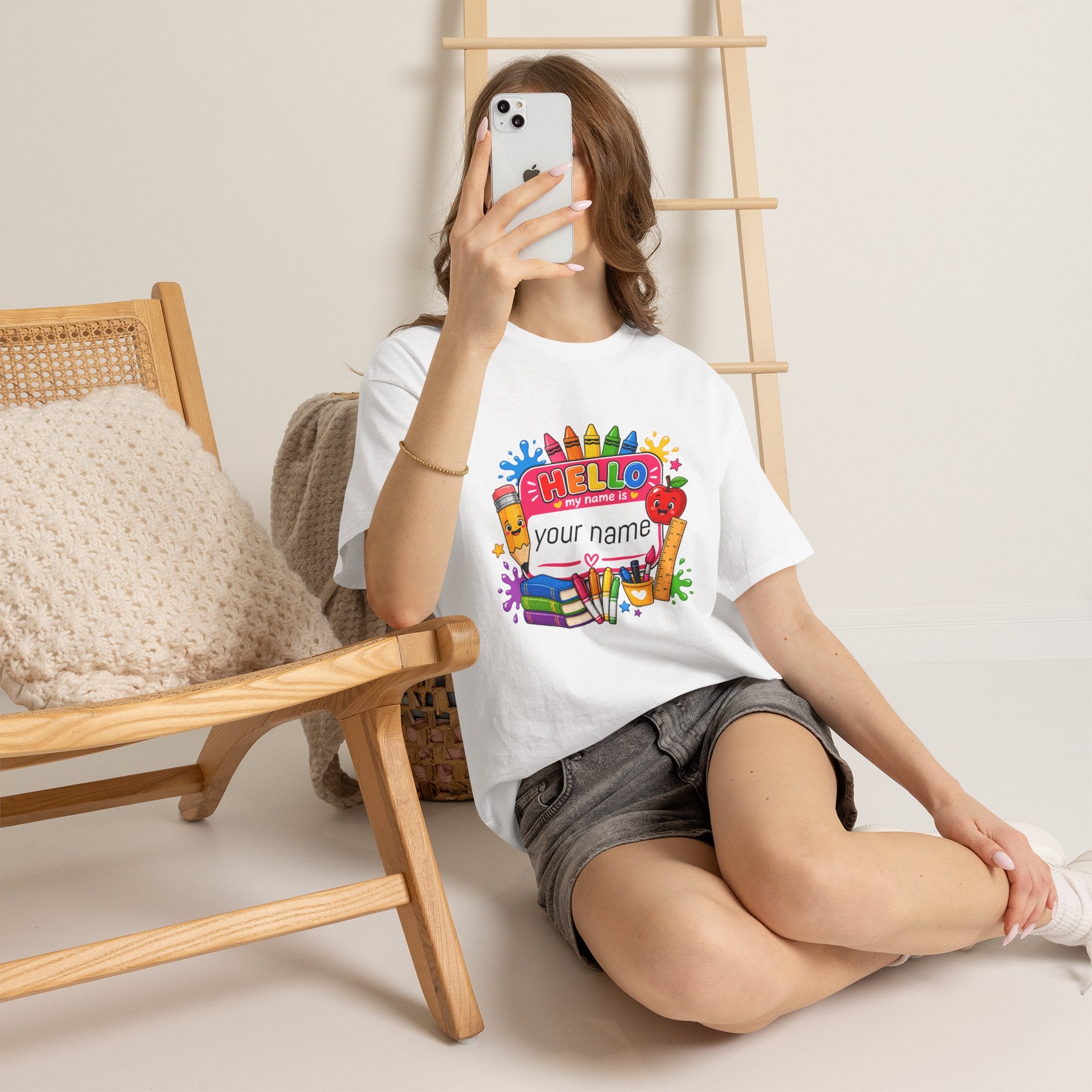 Personalized Teacher Back to School Shirt, Hello My Name Is Tee, Custom Teacher Name Tag Shirt, Bright School Supplies Tee Gift for Teachers