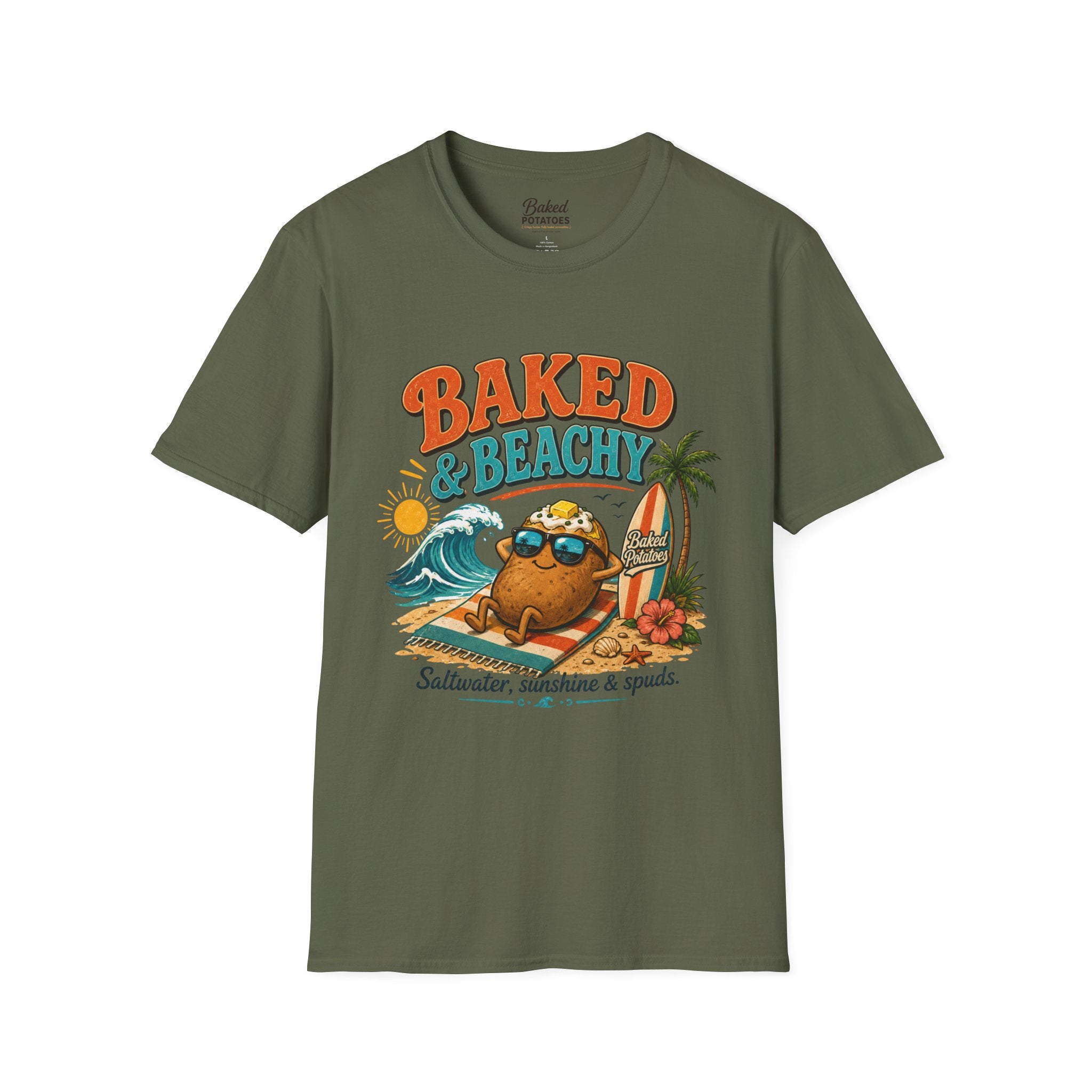 Beach T-Shirt "Baked and Beachy" | Beach Potato Graphic, Palm Tree, Sun, Relaxed