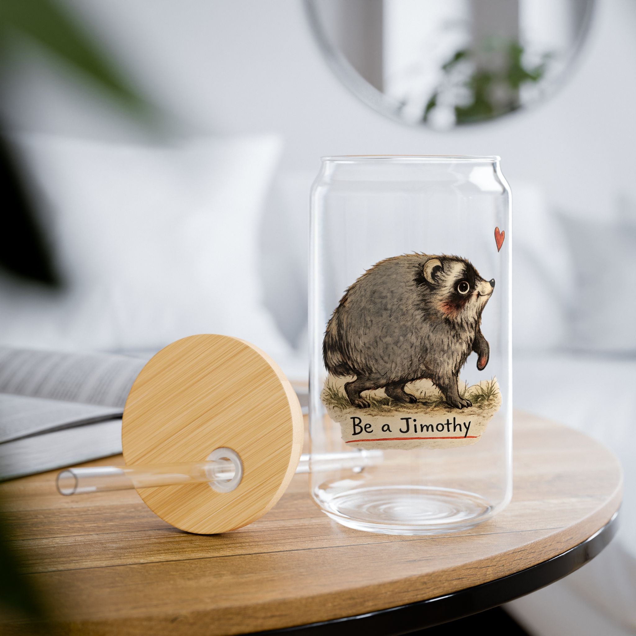 Jimothy the Seattle Cryptid Raccoon Glass  I Love Heart Jimothy | Bamboo lid and straw Can Shaped Sipper