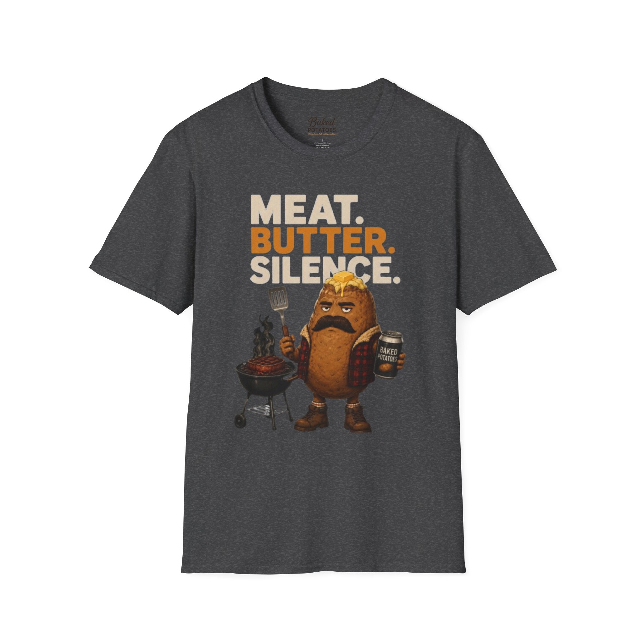 Funny Grilling T-Shirt — "Meat. Butter. Silence." BBQ Potato Graphic Tee Gift for Dad