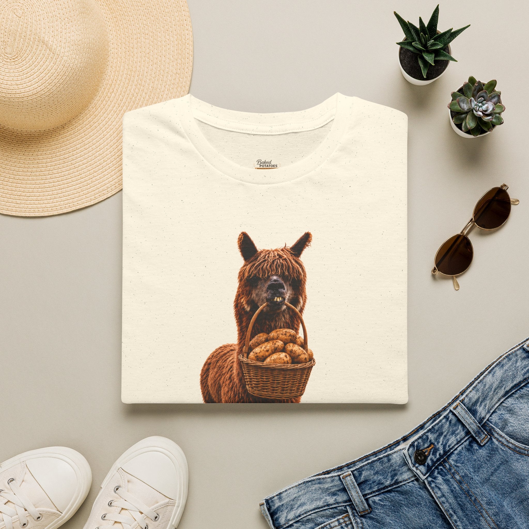 Alpaca Holding Potatoes T‑Shirt — "Not Touchy My Spuds" Cute Farm Animal Tee