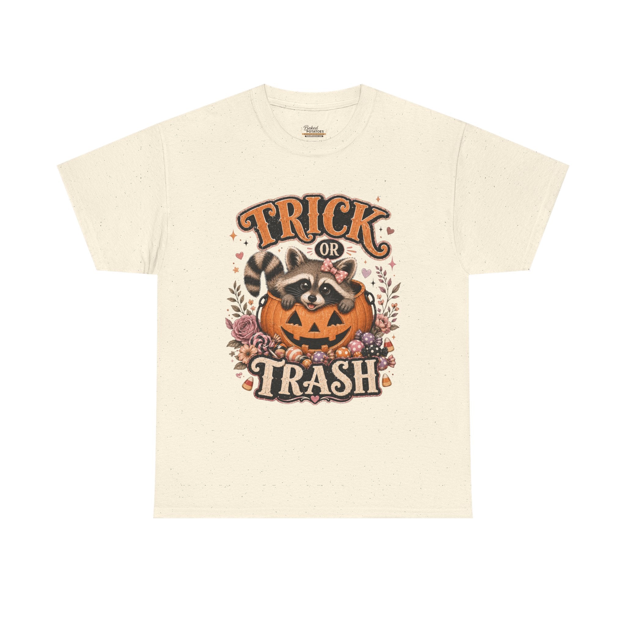 Trick or Trash Halloween T-Shirt — Pumpkin, Raccoon & Jack-o'-Lantern Candy Graphic