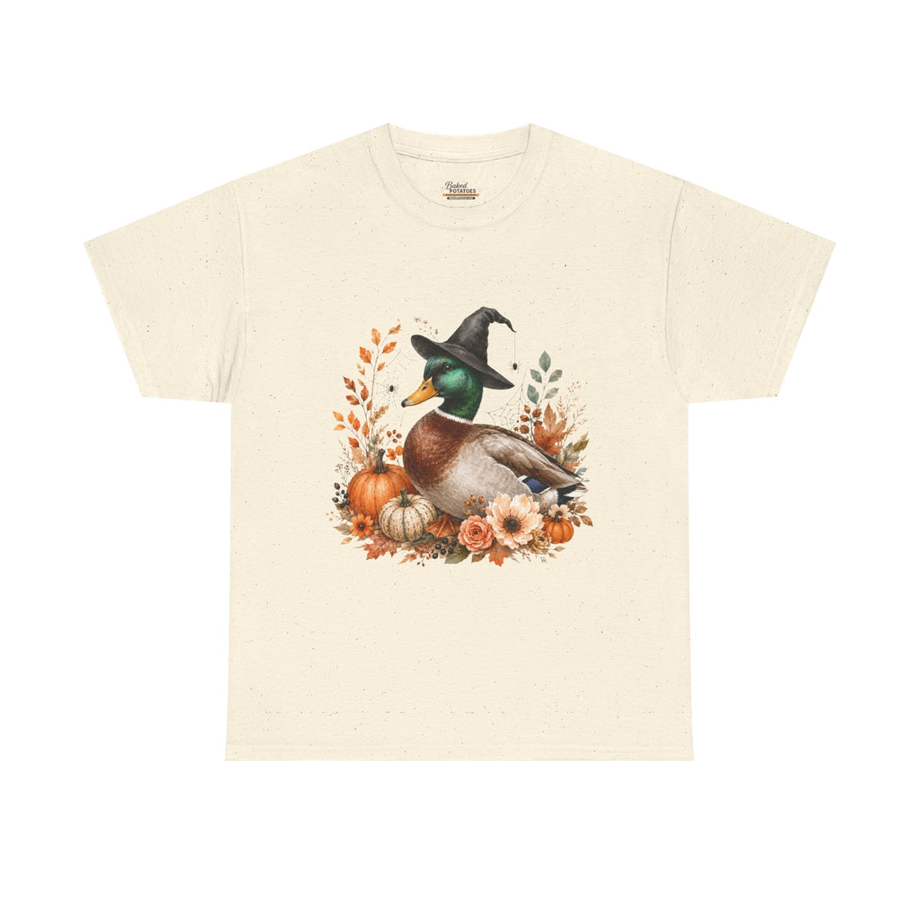 Mallard Duck with Witch Hat T-Shirt Autumn Pumpkins & Flowers Halloween