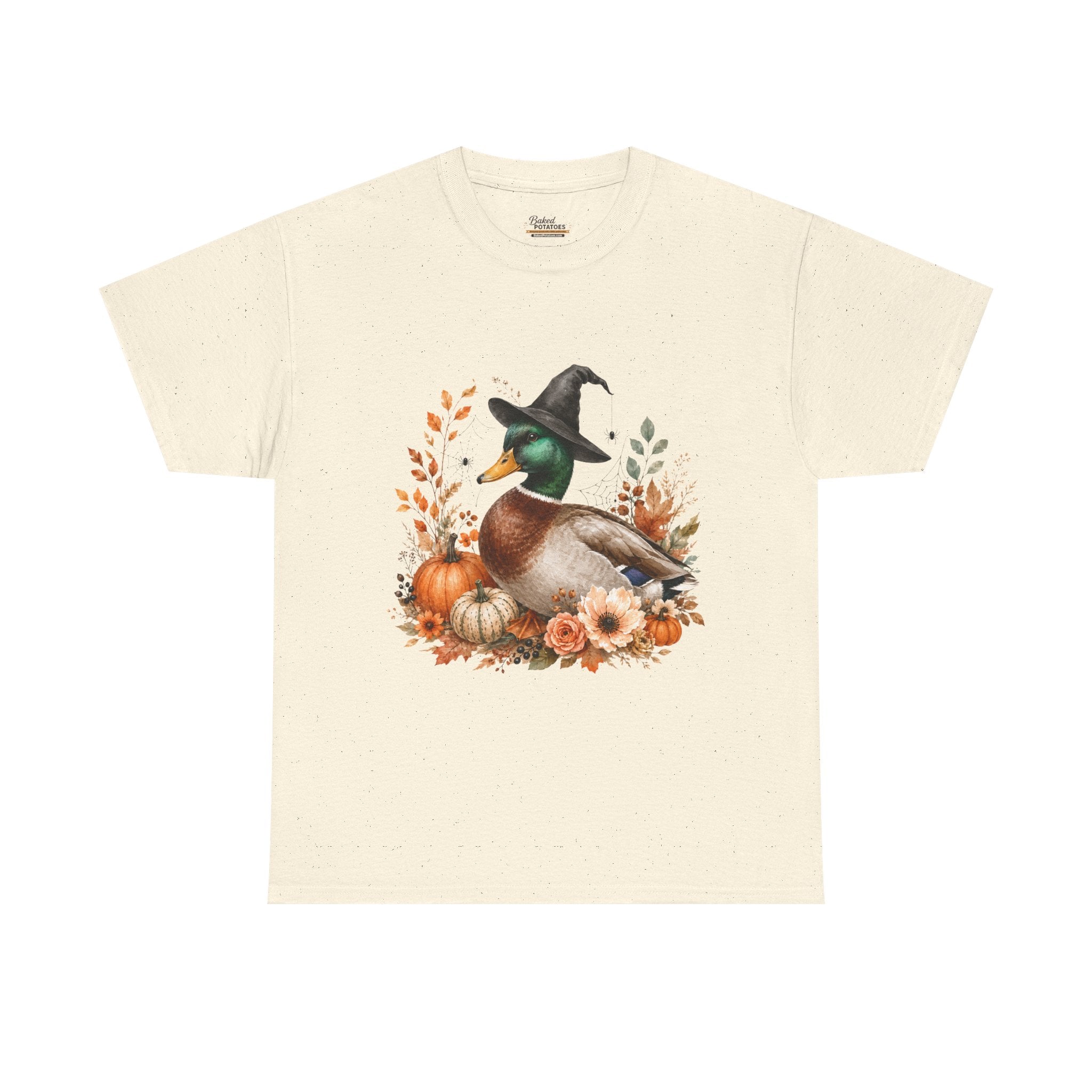 Mallard Duck with Witch Hat T-Shirt Autumn Pumpkins & Flowers Halloween
