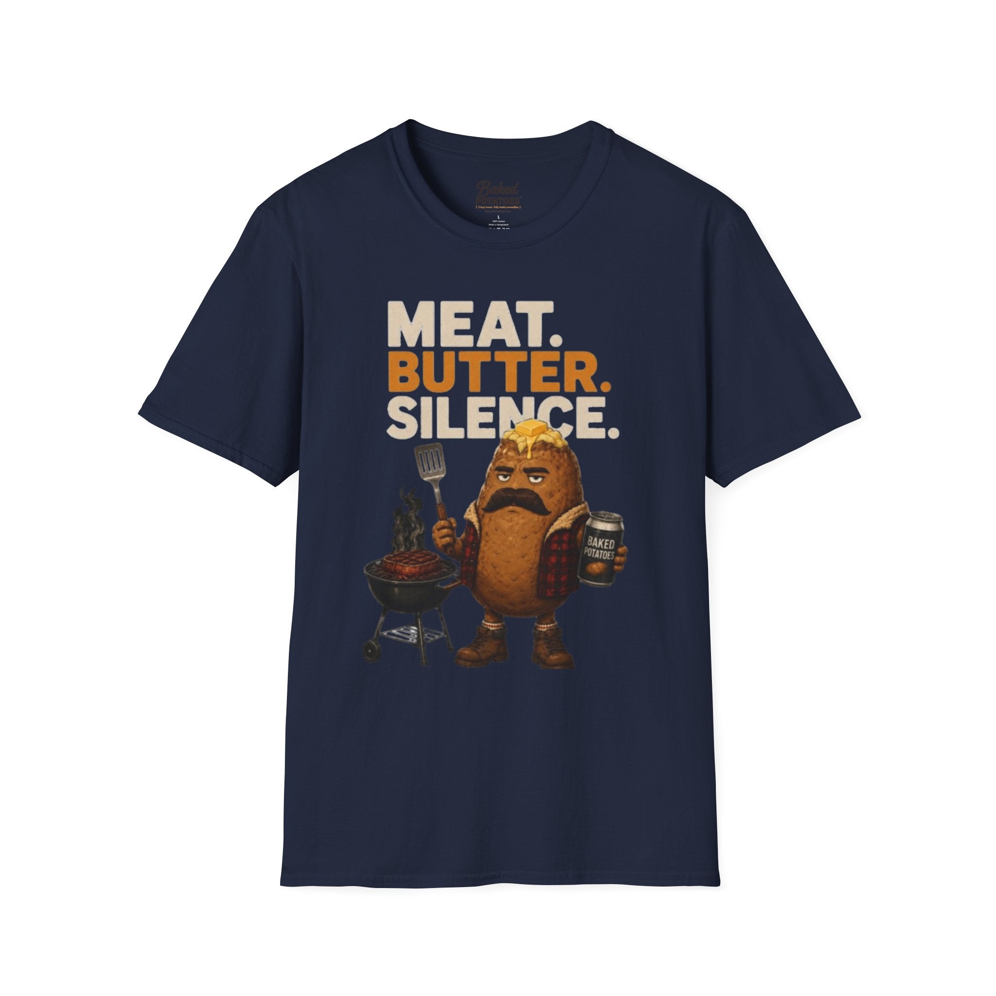 Funny Grilling T-Shirt — "Meat. Butter. Silence." BBQ Potato Graphic Tee Gift for Dad