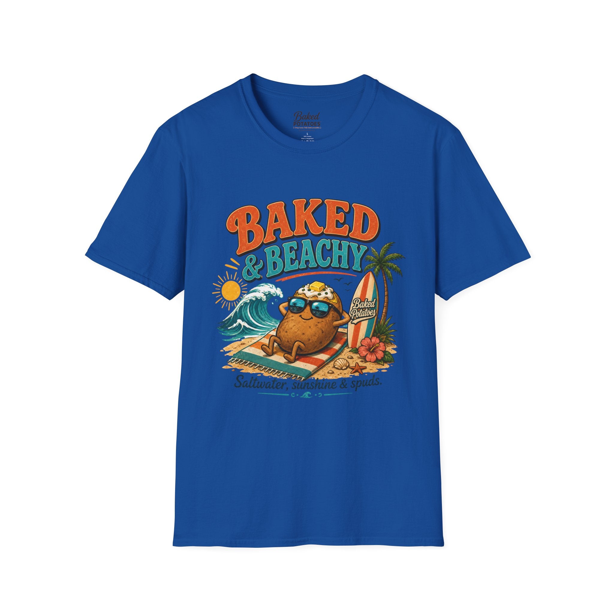 Beach T-Shirt "Baked and Beachy" | Beach Potato Graphic, Palm Tree, Sun, Relaxed