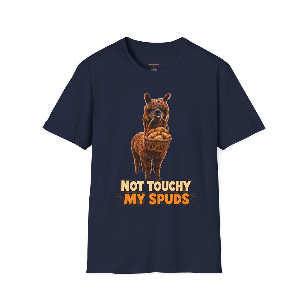 Alpaca Holding Potatoes T‑Shirt — "Not Touchy My Spuds" Cute Farm Animal Tee