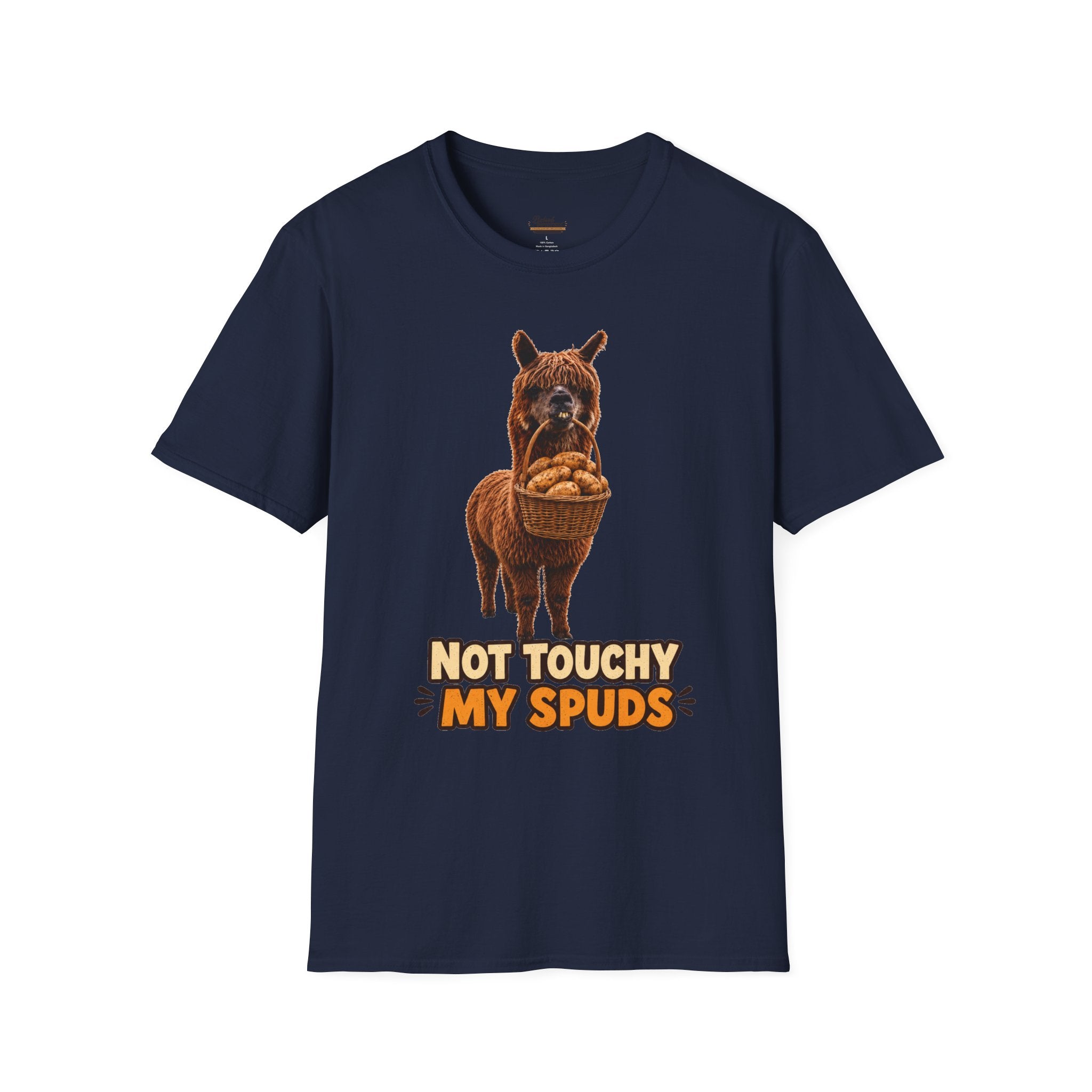 Alpaca Holding Potatoes T‑Shirt — "Not Touchy My Spuds" Cute Farm Animal Tee