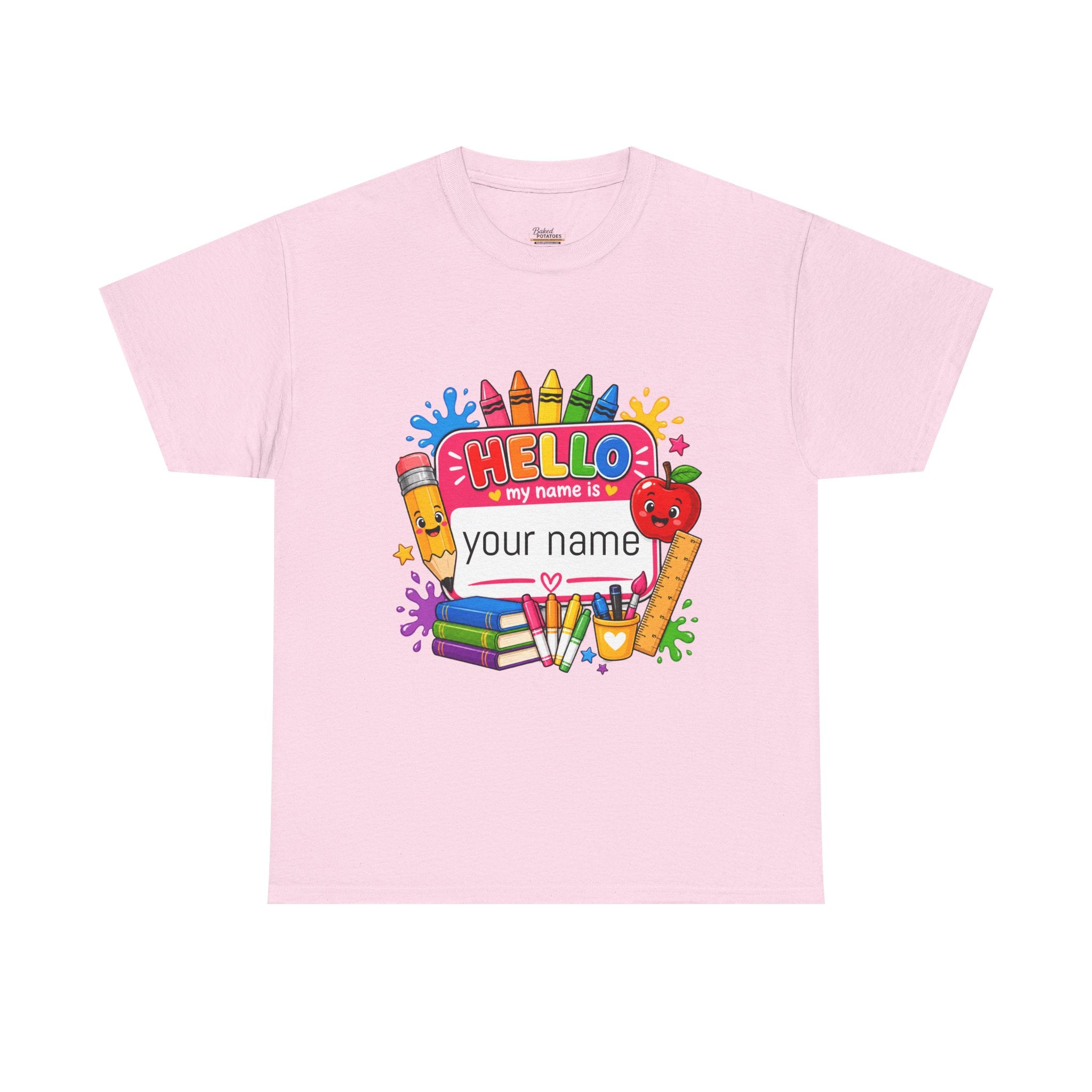 Personalized Teacher Back to School Shirt, Hello My Name Is Tee, Custom Teacher Name Tag Shirt, Bright School Supplies Tee Gift for Teachers