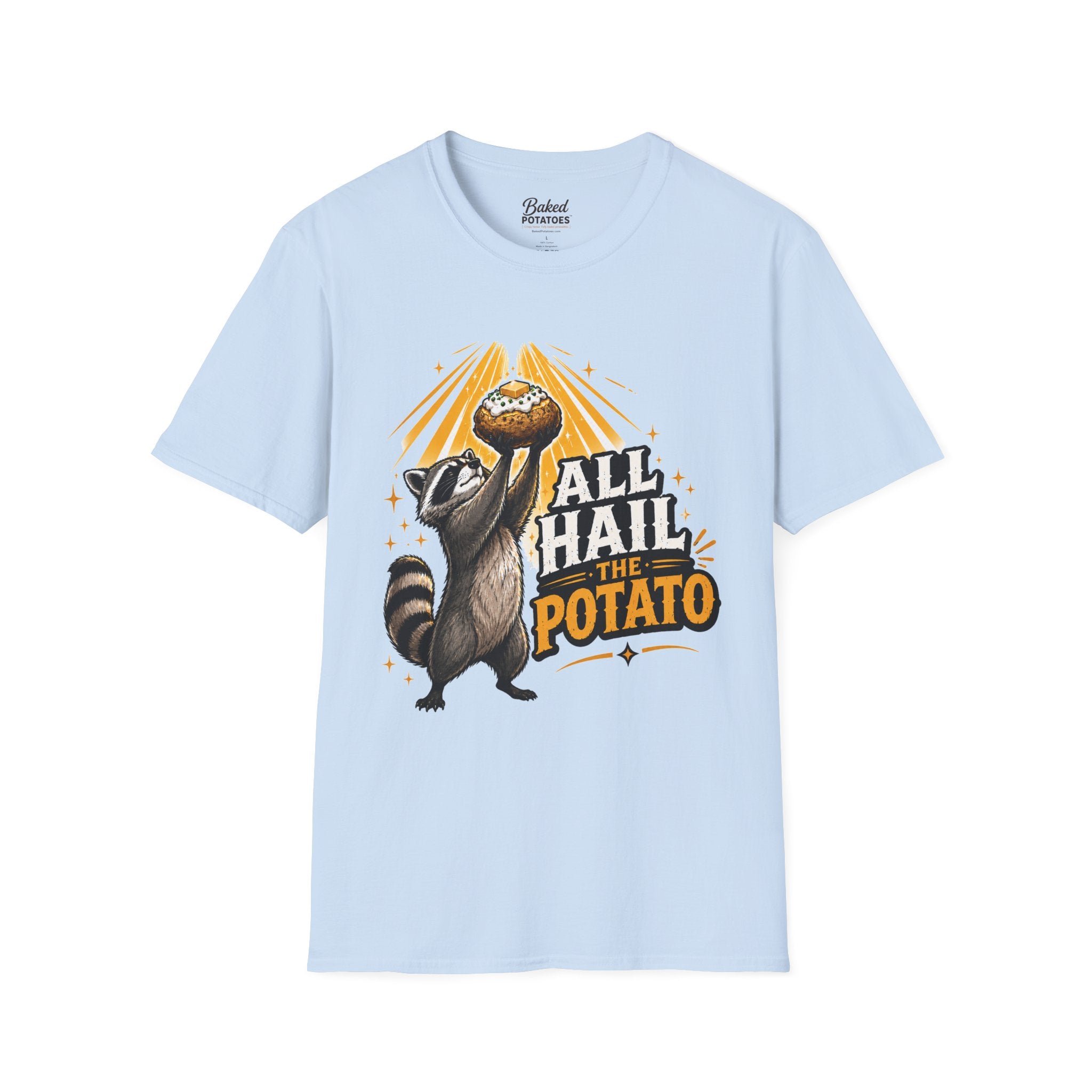 All Hail the Potato T-Shirt | Raccoon Holding Baked Potato Design