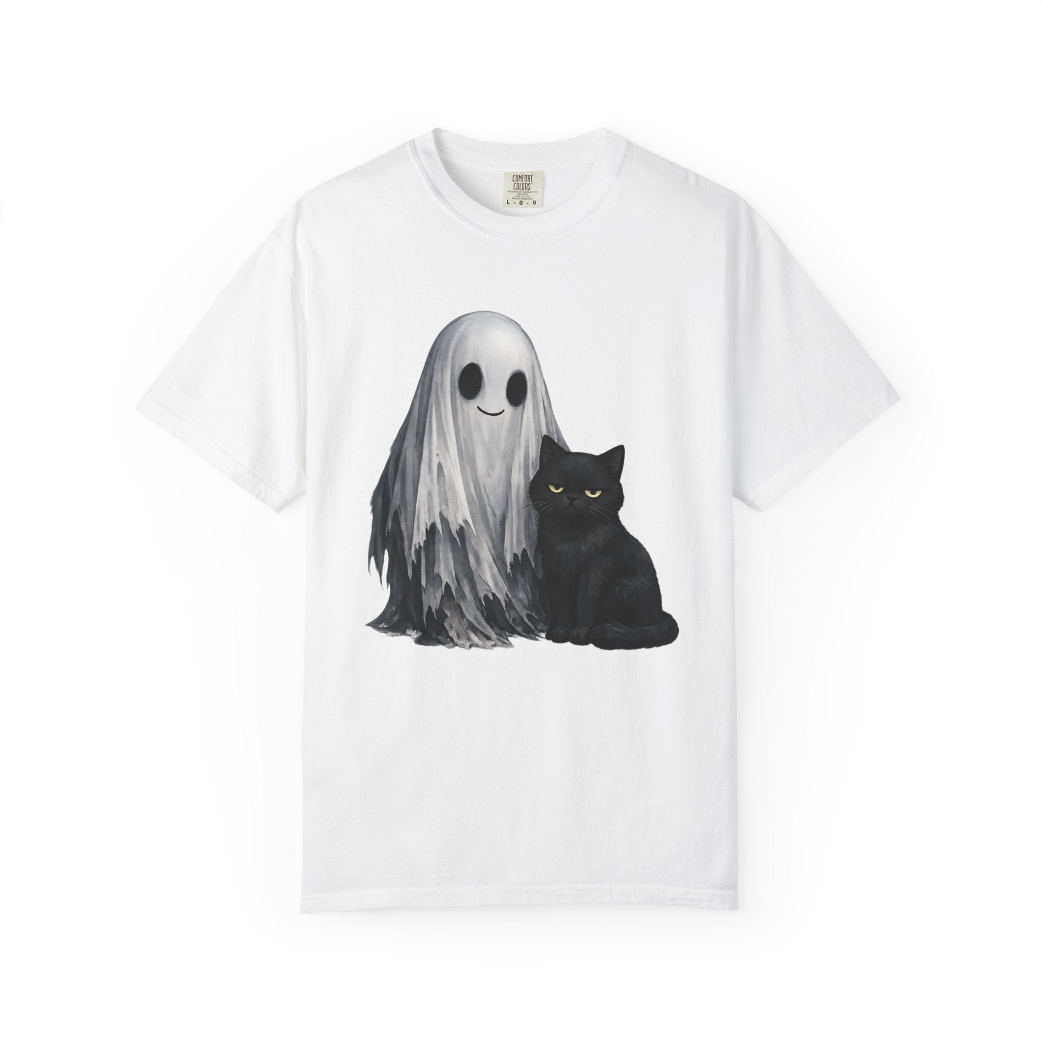 Ghost and Black Cat T-Shirt Cute Halloween Spirit Tee meh cat and smiling ghost shirt
