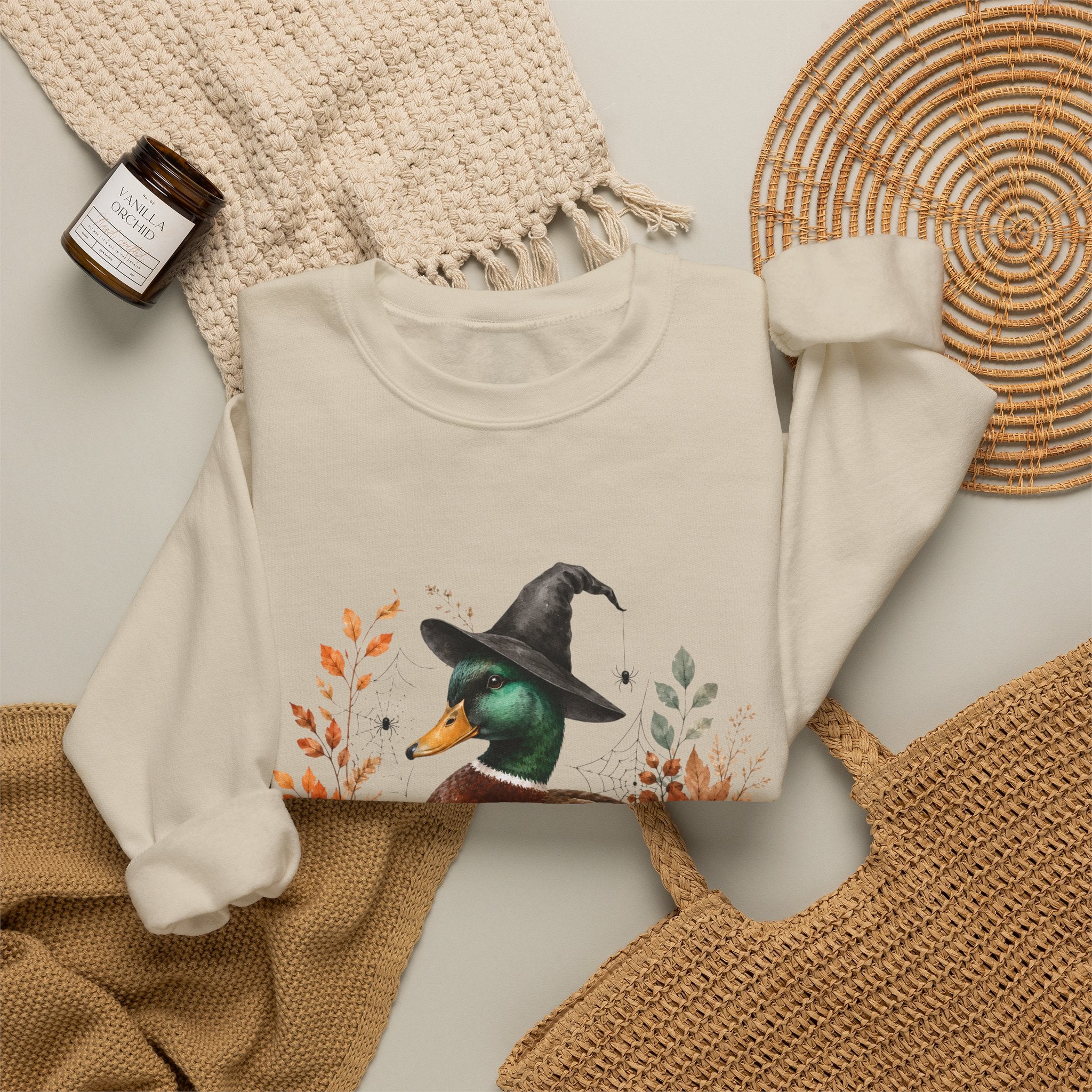 Mallard Duck with Witch Hat sweater Autumn Pumpkins & Flowers Halloween hoodie spookky orange vintage cottage core simple sweatshirt