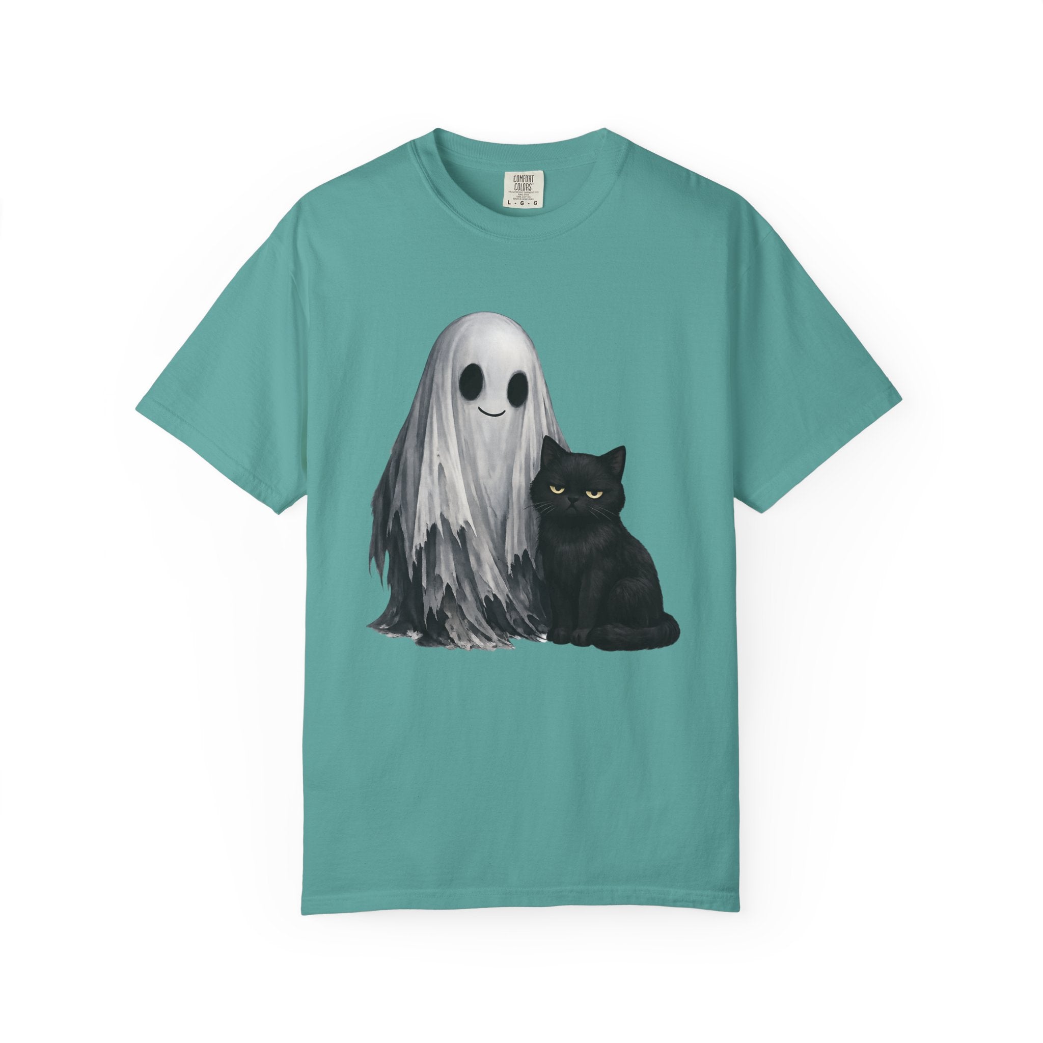 Ghost and Black Cat T-Shirt Cute Halloween Spirit Tee meh cat and smiling ghost shirt