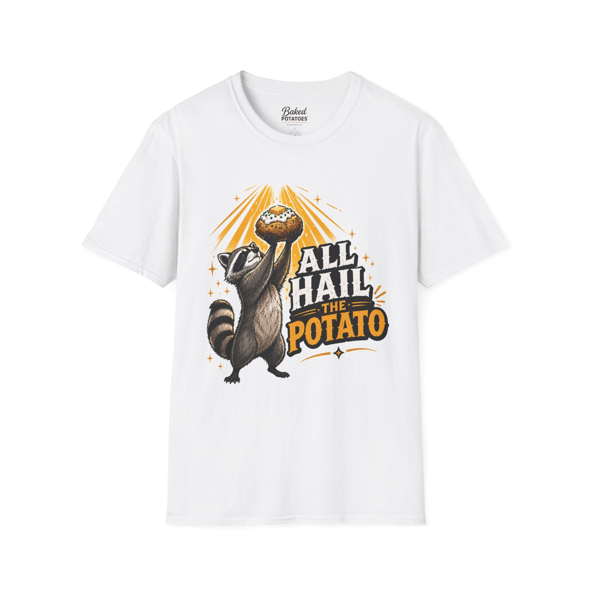 All Hail the Potato T-Shirt | Raccoon Holding Baked Potato Design